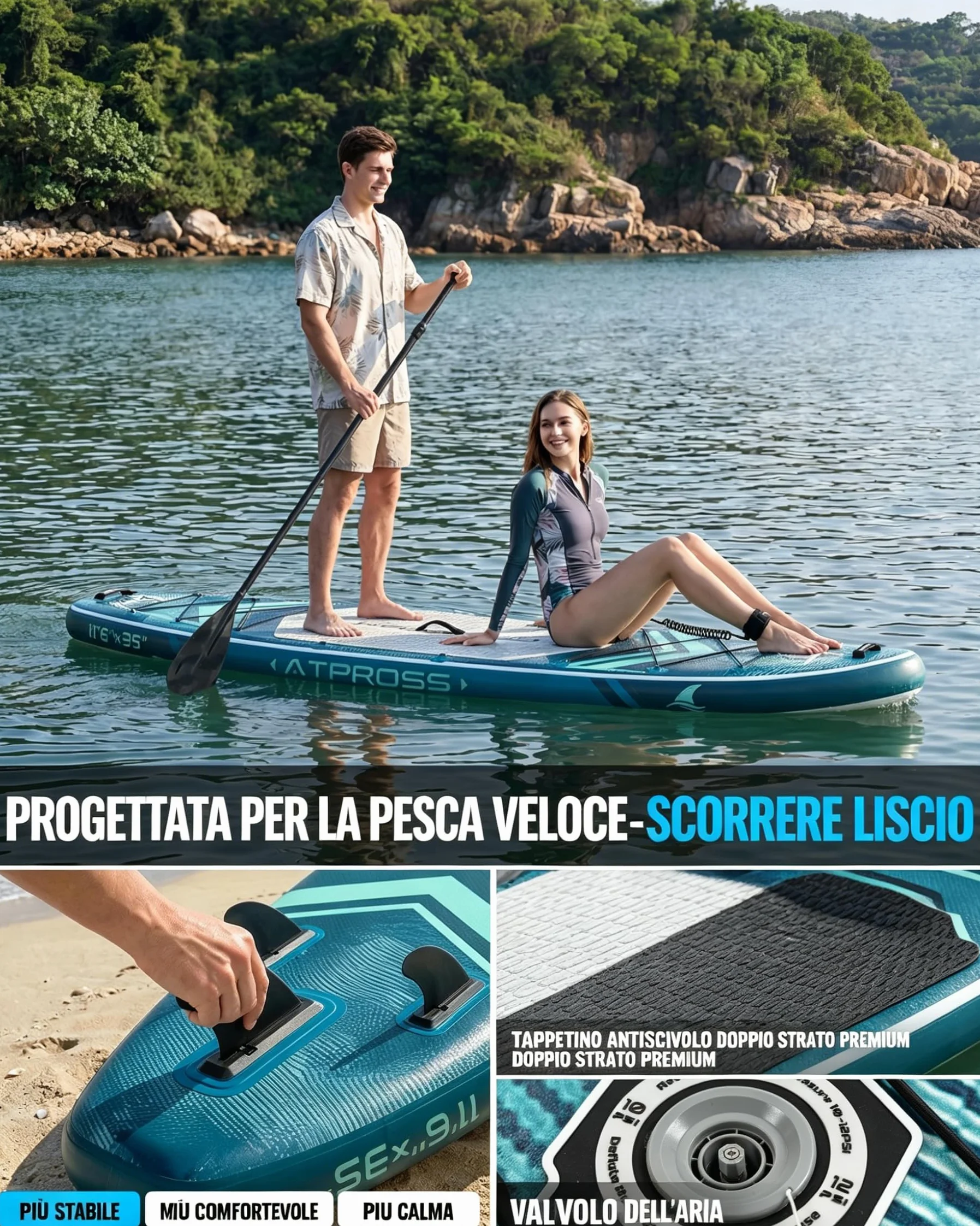 Tavola SUP Gonfiabile 320x84cm Stand Up Paddle Extra Largo per 2 Persone, Portata 200kg, Canoa Gonfiabile Stabile Antiscivolo