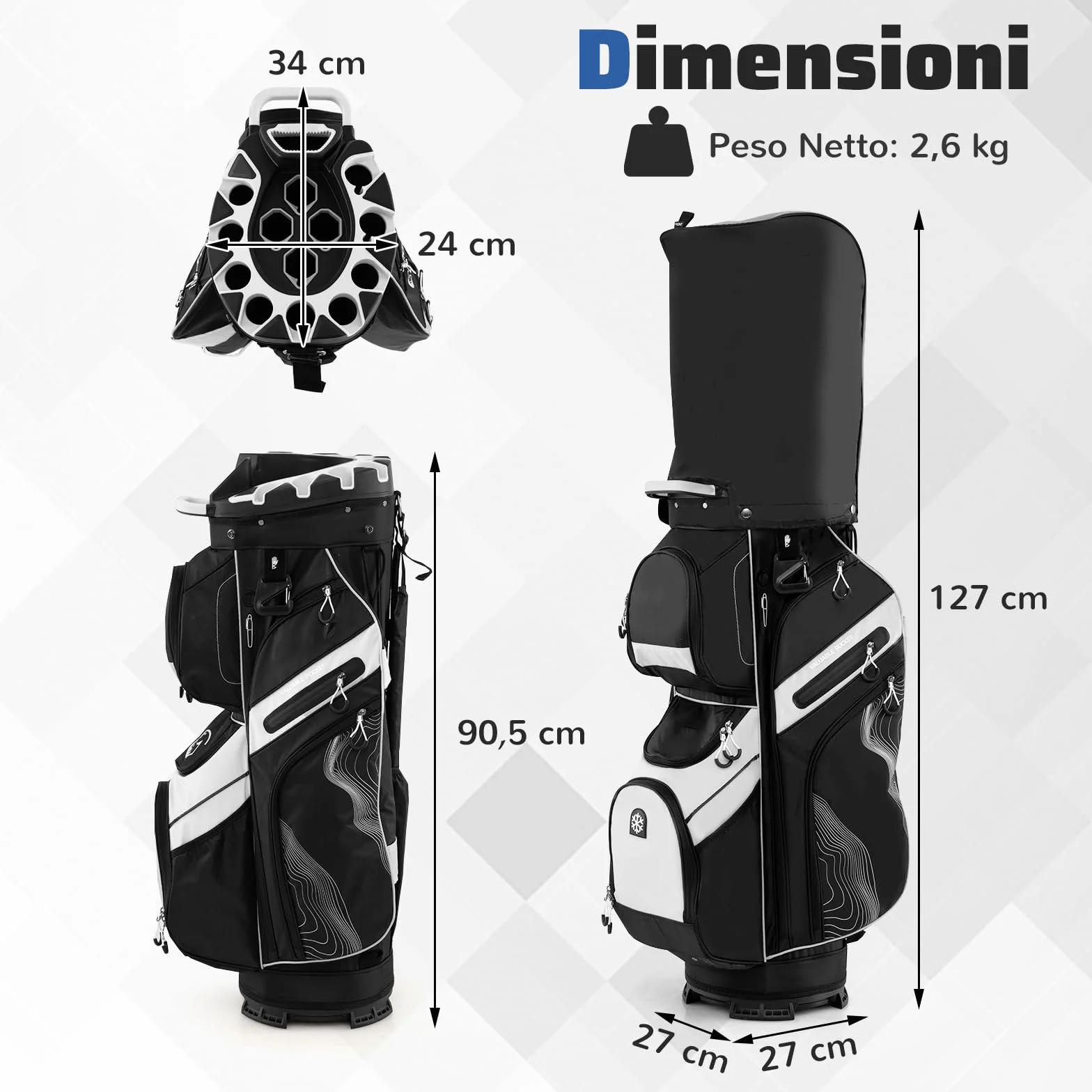 COSTWAY Borsa Carrello da Golf 14 Vie 11 Tasche Sacca Isolante Tracolla Imbottita Cappuccio Antipioggia
