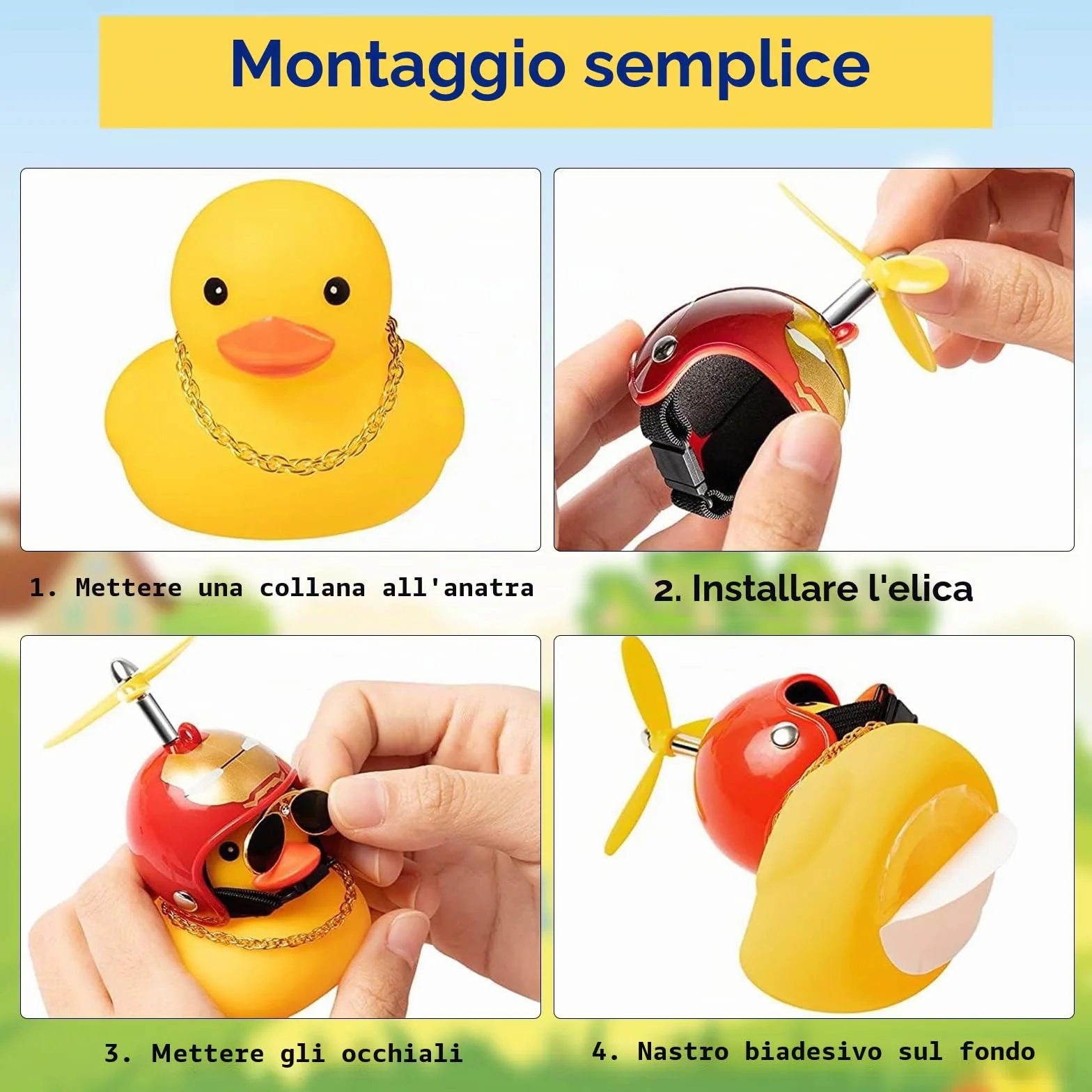 Anatra di Gomma Gialla Giocattolo 4 Pezzi con Casco a Elica e Cinturino per Auto Biciclette Moto