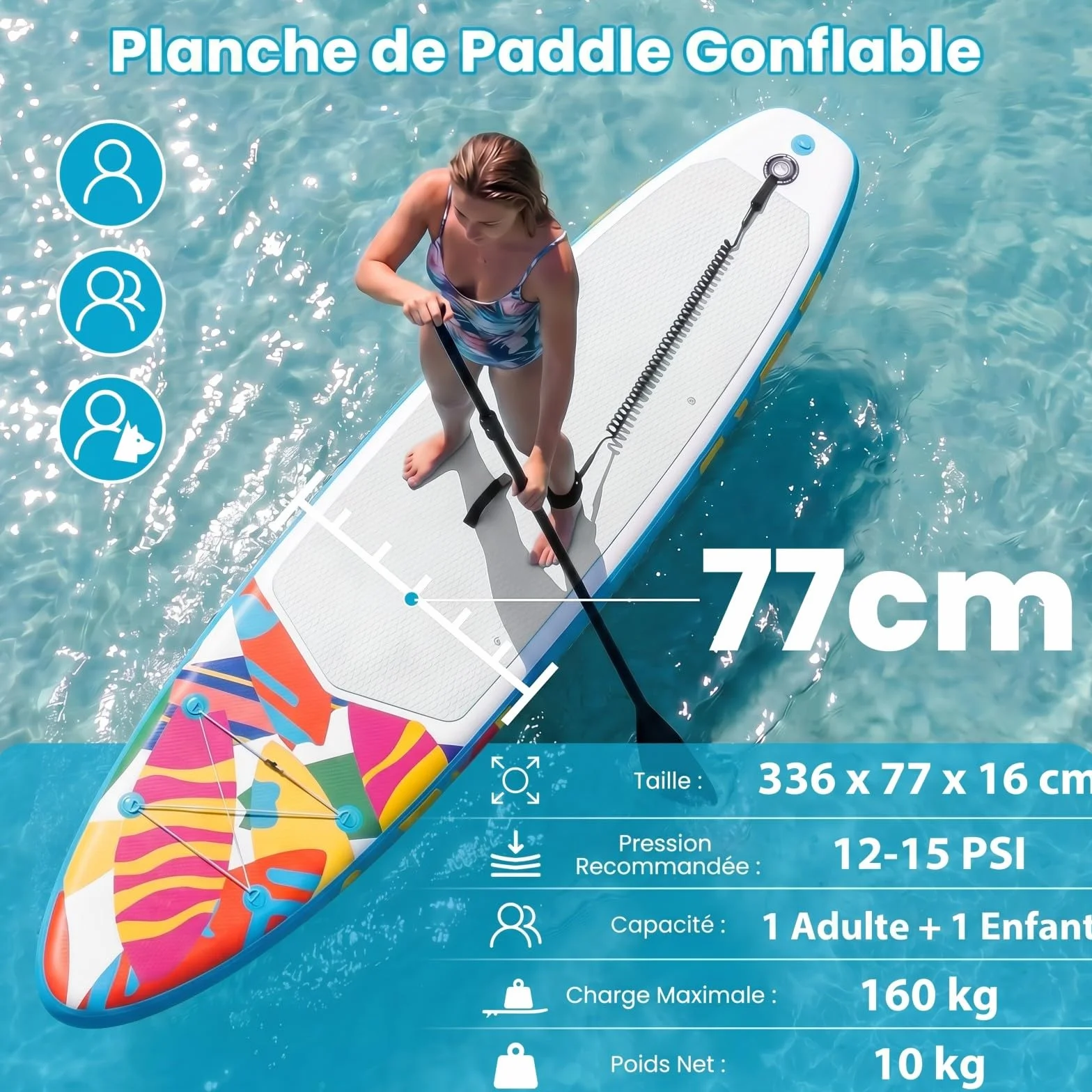 HOMASIS Tavola da SUP Gonfiabile, Paddle Board con Pompa Manuale, 3 Pinne Rimovibili, 336 x 77 x 16 cm