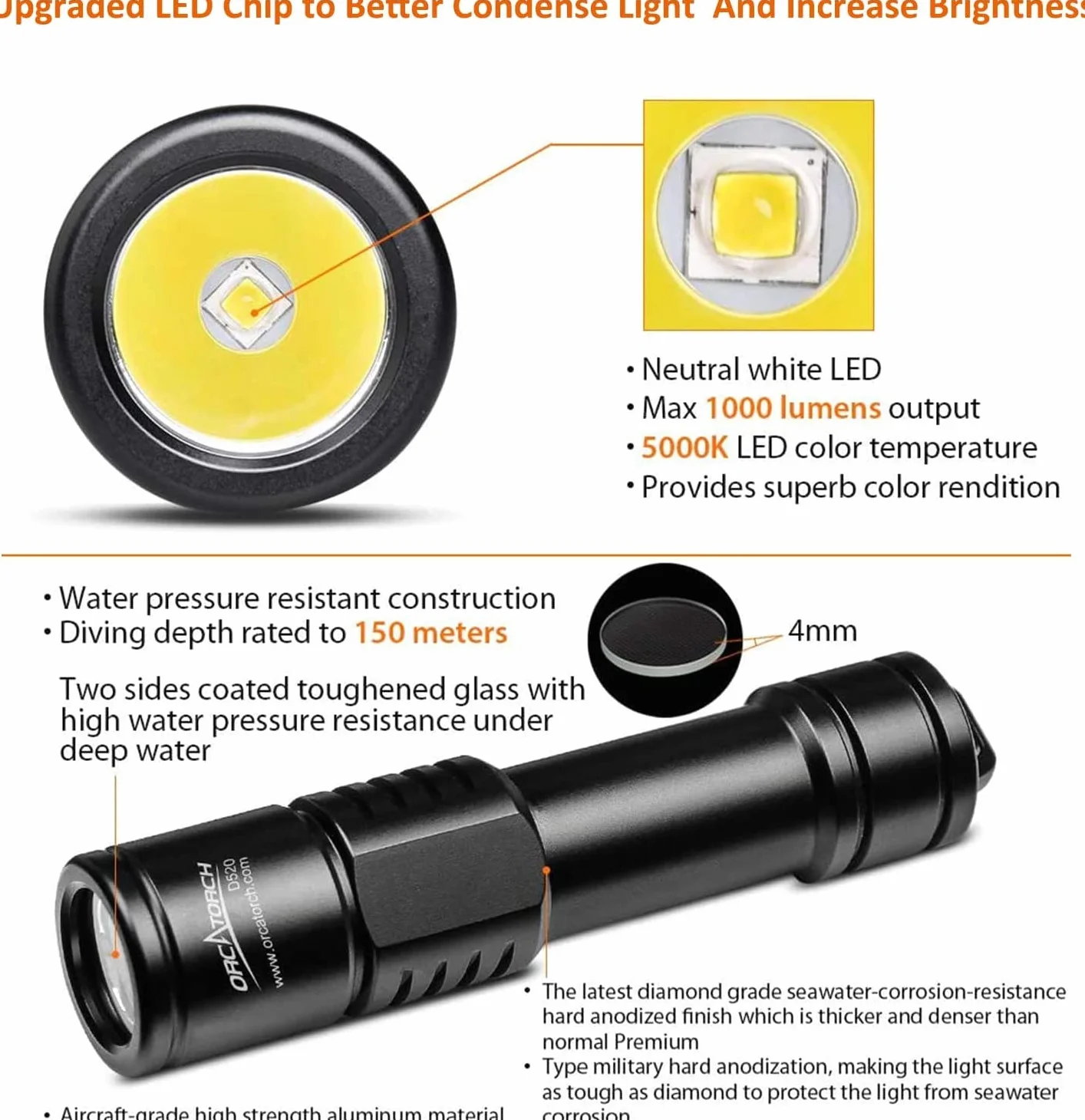 ORCATORCH D520 Torcia Subacquea Mini 1000 Lumen IP68 150M Impermeabile