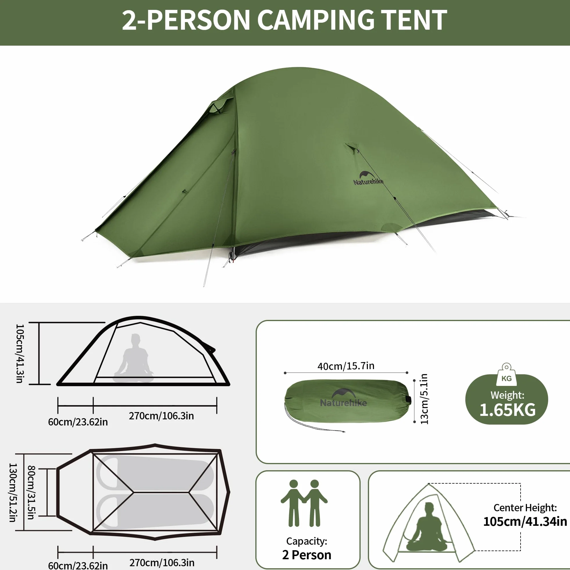 Naturehike Cloud Up Pro 2 Person Tenda da Campeggio Leggera Antivento Impermeabile a Cupola