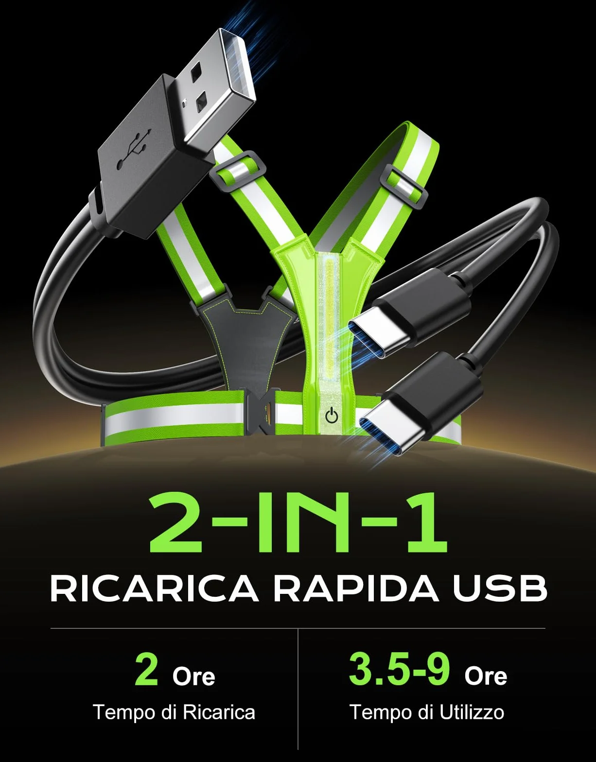 Glangeh Luce Running LED Alta Visibilità 360° Impermeabile Regolabile Torcia Frontale Bretelle Catarifrangenti per Corsa