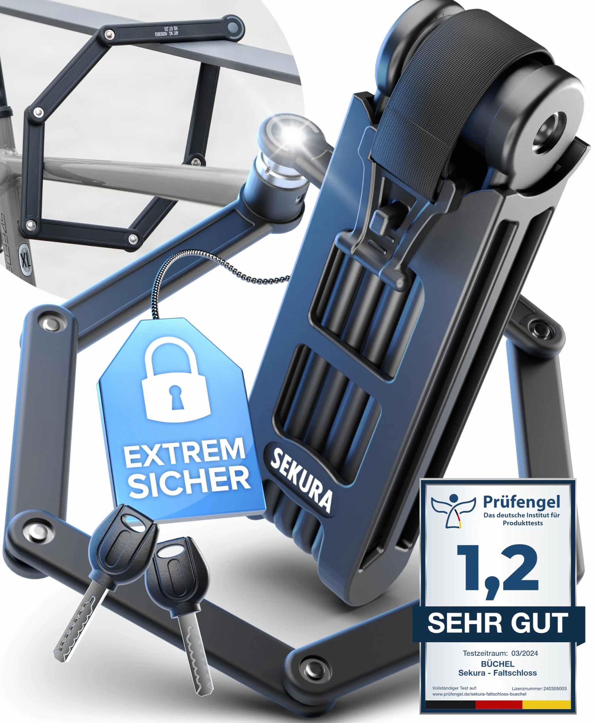 BÜCHEL Sekura Lucchetto Bici 85 cm – Catena Antifurto in Acciaio Temperato per E-Bike, Moto, Bicicletta con Supporto e 3 Chiavi