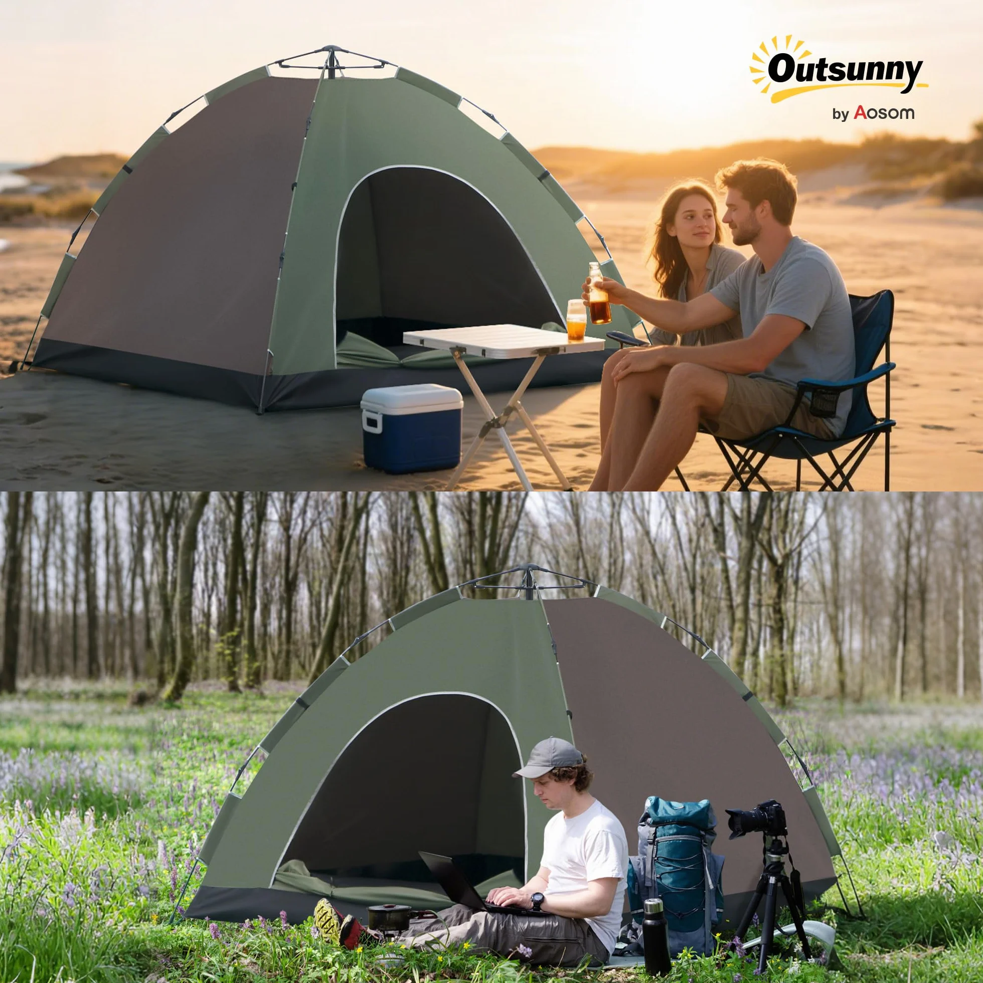 Outsunny Tenda da Spiaggia Pop-Up 4 Posti Protezione UV 210x210x135 cm