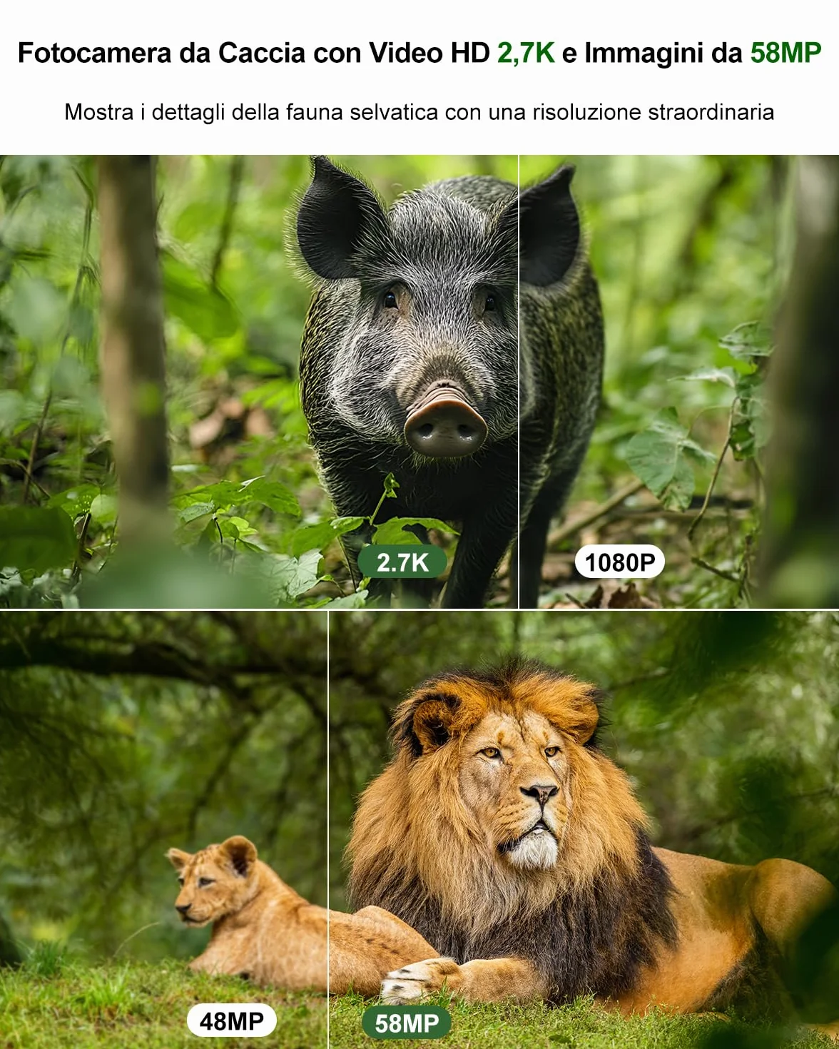 Fototrappola 2,7K 58MP Fotocamera Caccia Grandangolare 120° Infrarossi Invisibili con Scheda 32GB Visione Notturna 0,1s