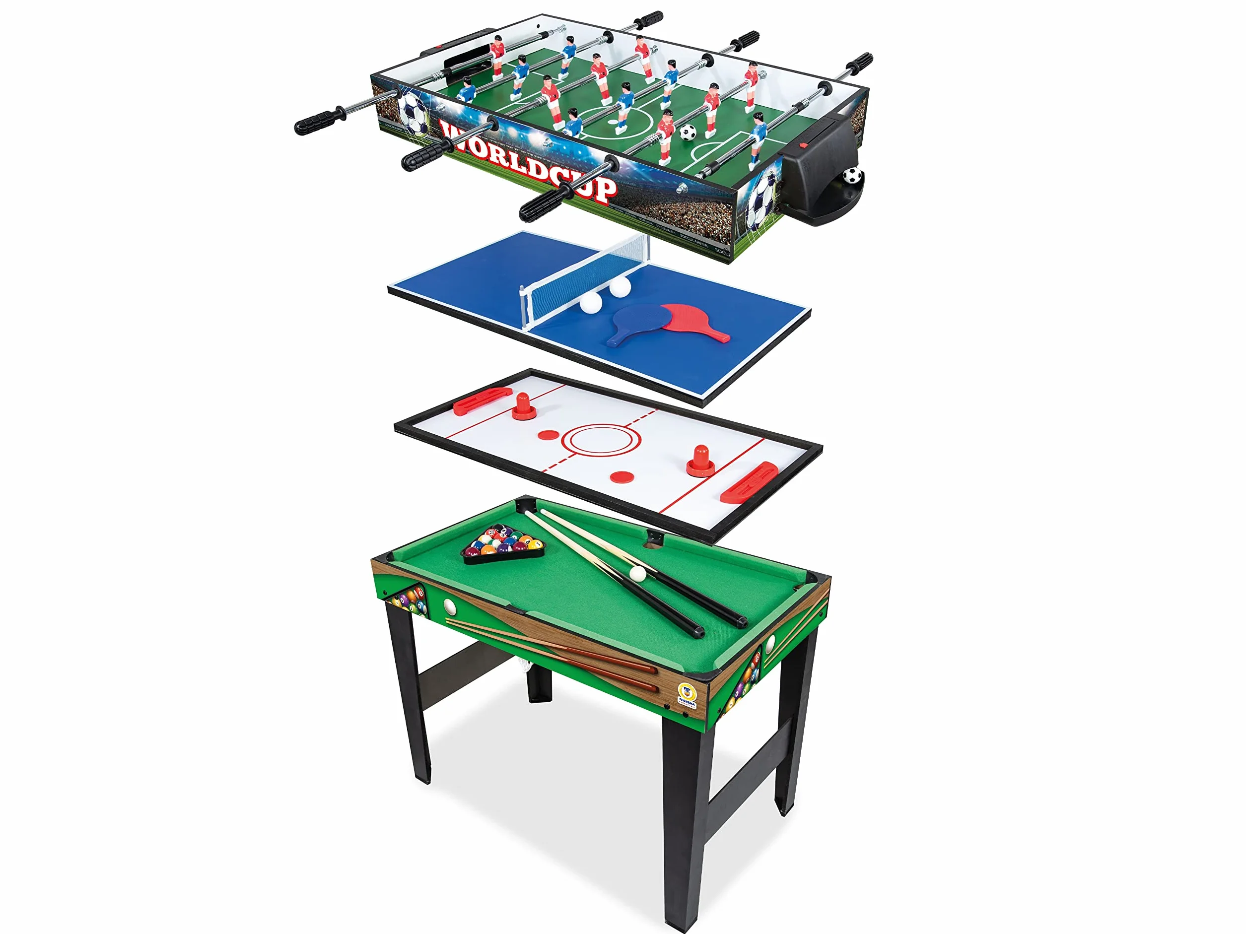 Teorema Giocattoli Tavolo Multigioco 4 in 1 Calcio Balilla Ping Pong Air Hockey Biliardo Legno