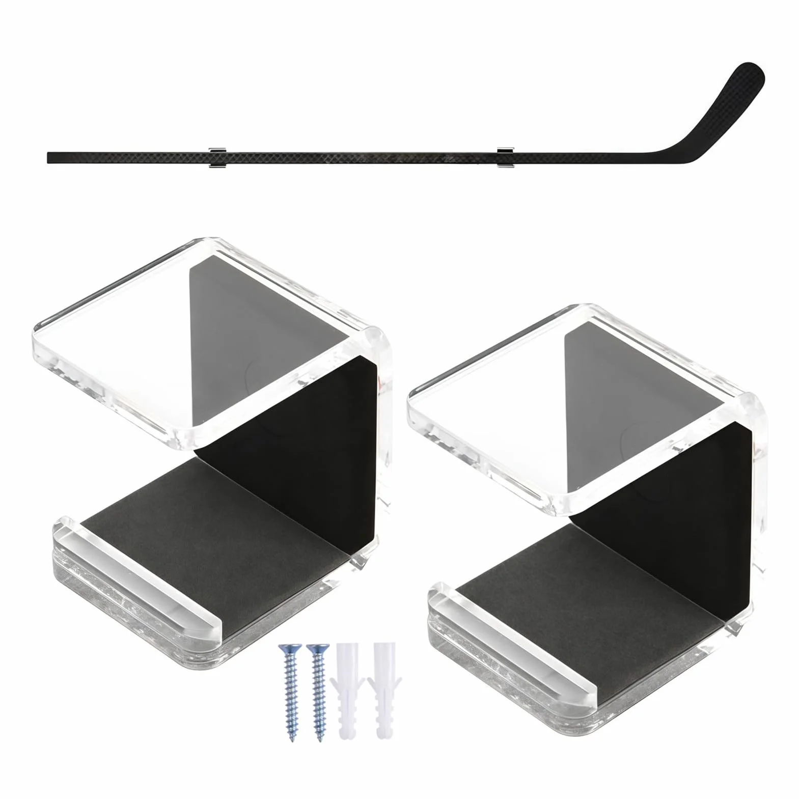 2-Piece Horizontal Hockey Stick Wall Mount Hook - Sport Equipment Holder with Anti-Scratch Pad for Garage Storage