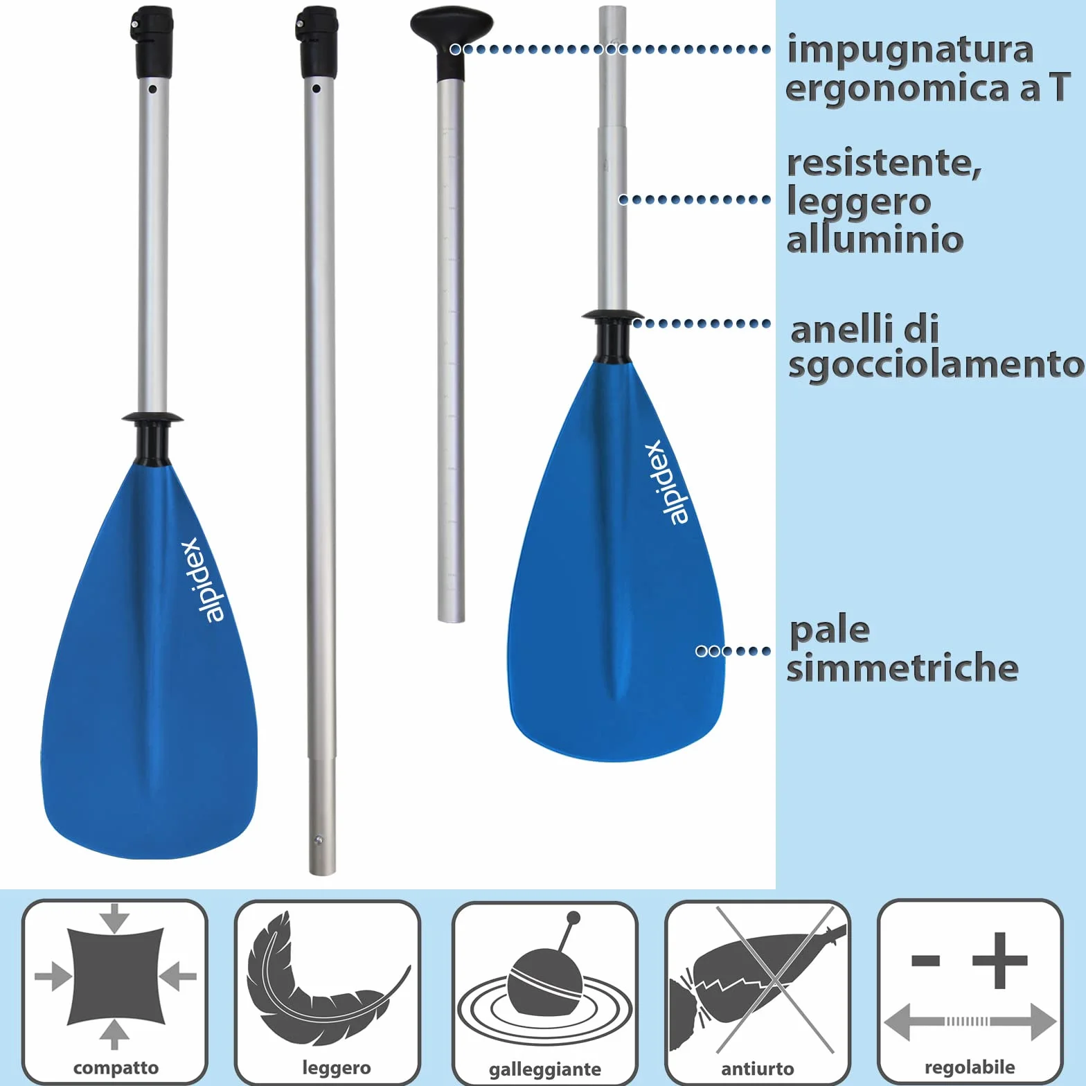 ALPIDEX Pagaia Doppia SUP Kayak Canoa Stand Up Paddle Regolabile 160-207cm Aluminiowa