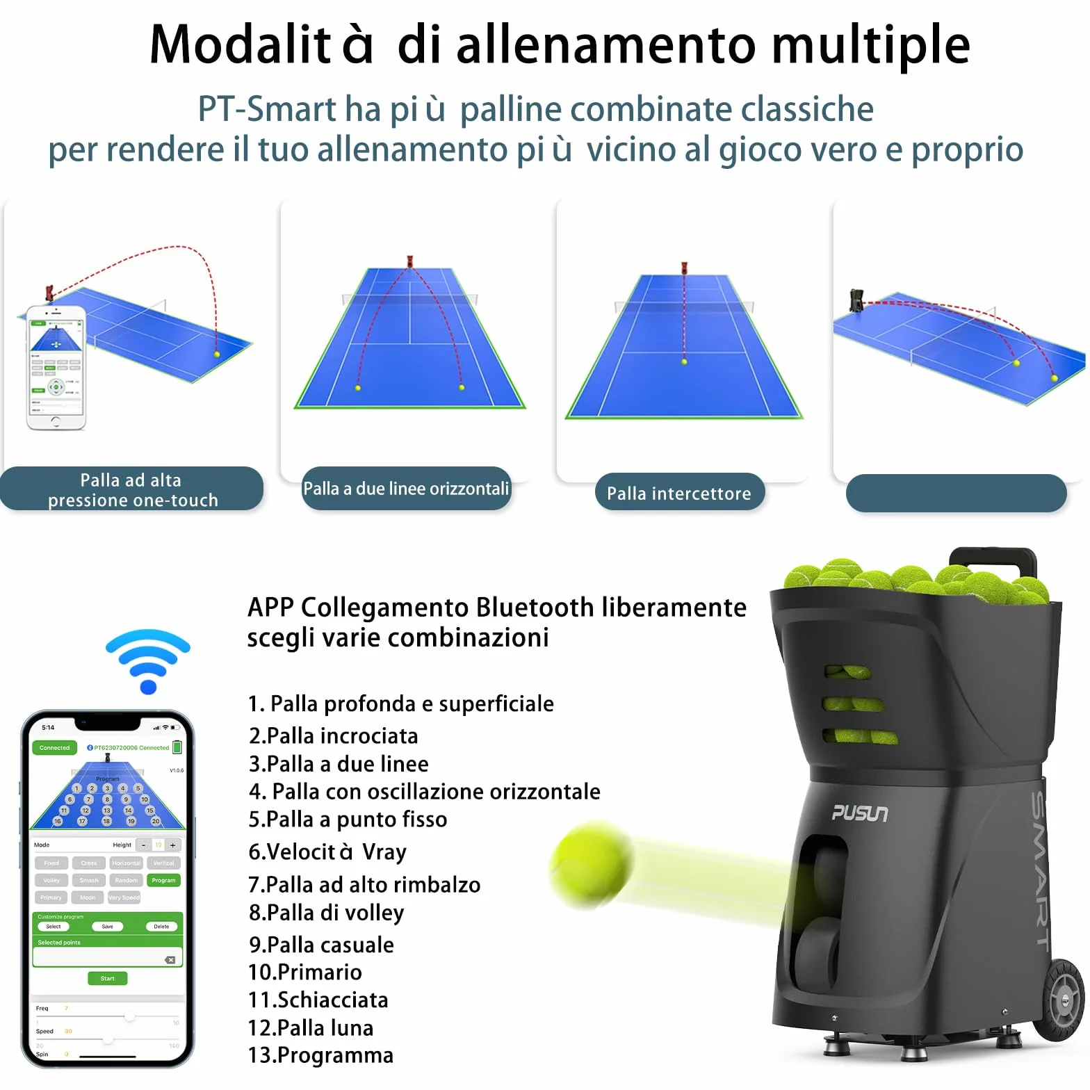 PT-Smart Macchina per palline da tennis con app telecomando Lanciatore elettronico portatile Batteria 4-6 ore Oscillazione Topspin Backspin
