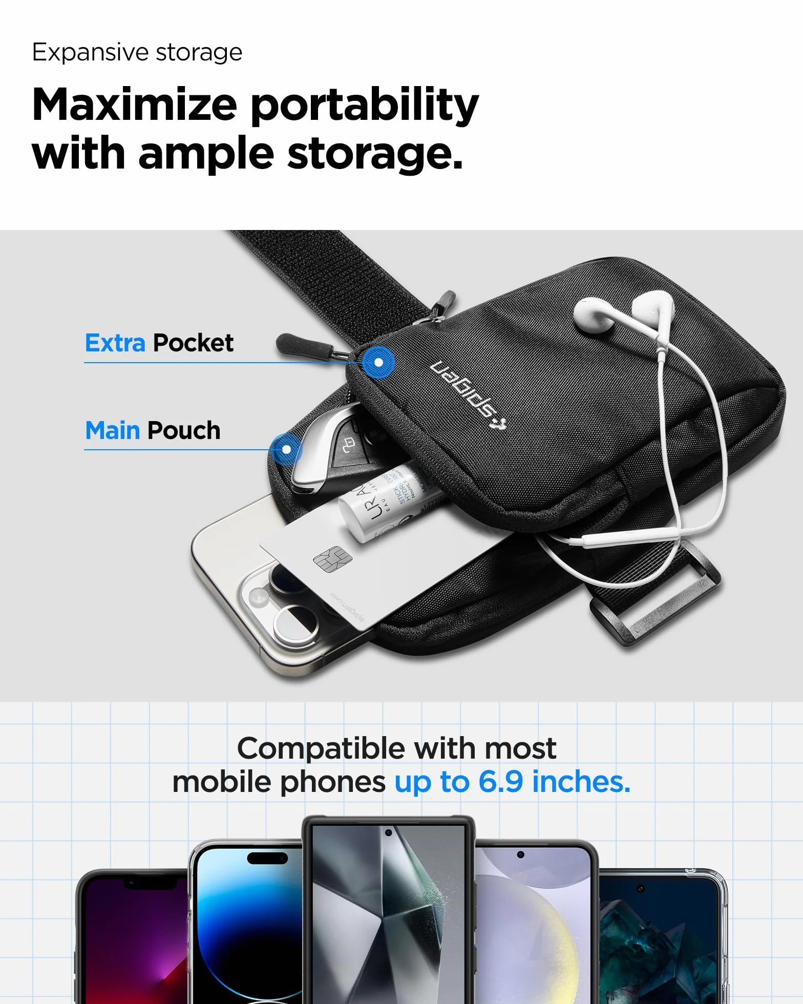 Spigen Dynamic Shield Porta Cellulare da Corsa Fino a 6.9" Fascia da Braccio Compatibile con iPhone 15 14 13 12 11 Pro Max, Samsung S24 S23 Ultra - Nero