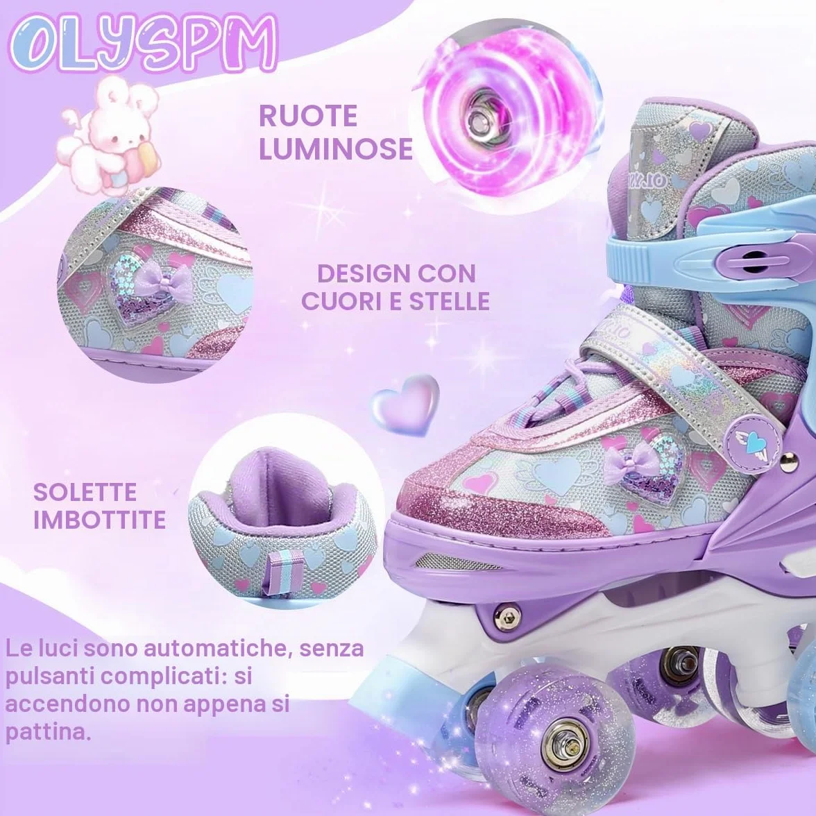 Pattini a Rotelle Bambina con Cuori Sognanti e Ruote Luminose, 4 Taglie Regolabili