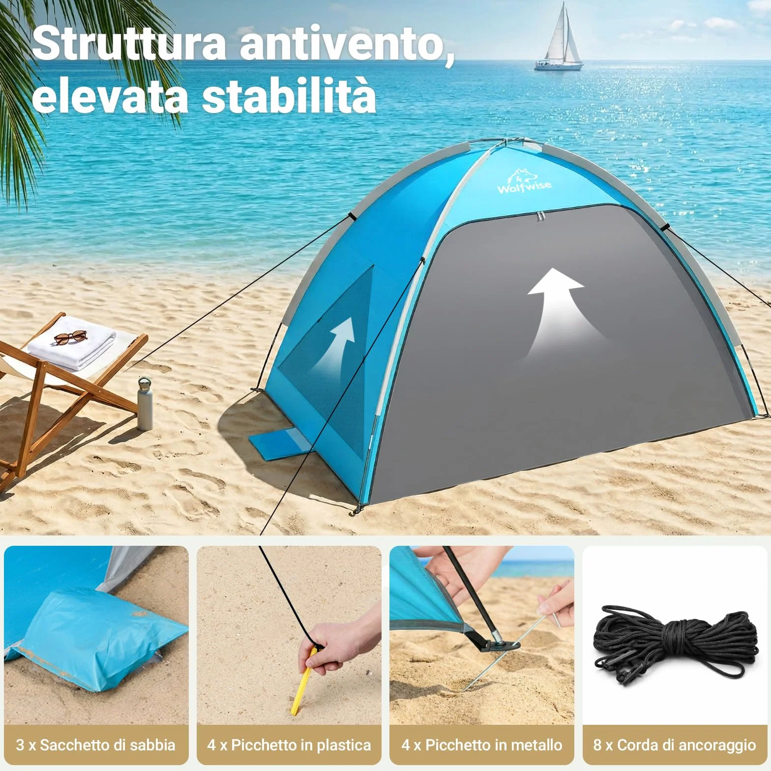 Wolfwise Tenda da Spiaggia UPF 50+ Famiglia Riparo Solare Anti-UV 3 Finestre Ventilate Pavimento Estensibile Borsa Trasporto 4 Persone Blu