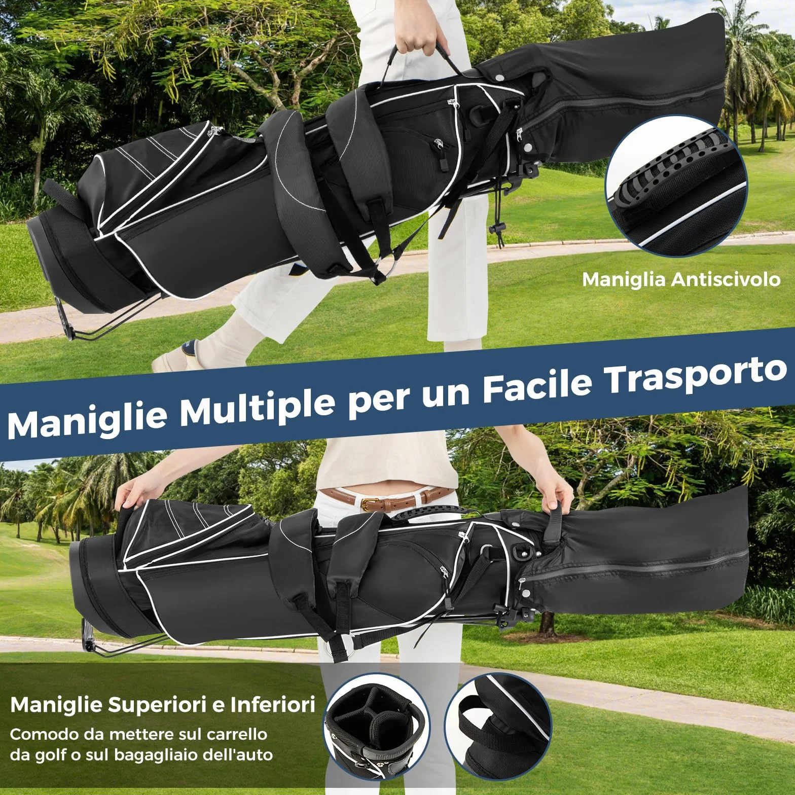 COSTWAY Sacca da Golf con Supporto, Borsa a 4 Scomparti con 4 Tasche, Borsa Frigo, Tracolla Doppia, Cappuccio Antipioggia