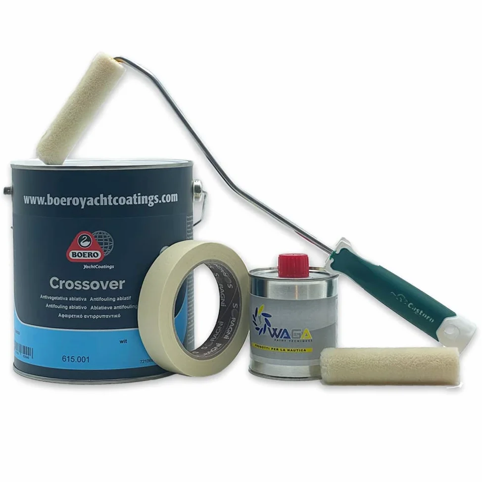 Kit Nautica Antivegetativa - Boero Crossover Autopulente ad Alte Prestazioni 2,5LT (Bianco, Nero, Blu, Rosso), Diluente 250ML Waga Paint Tecniques, Rullino a Pelo Raso e Nastro Gommato -