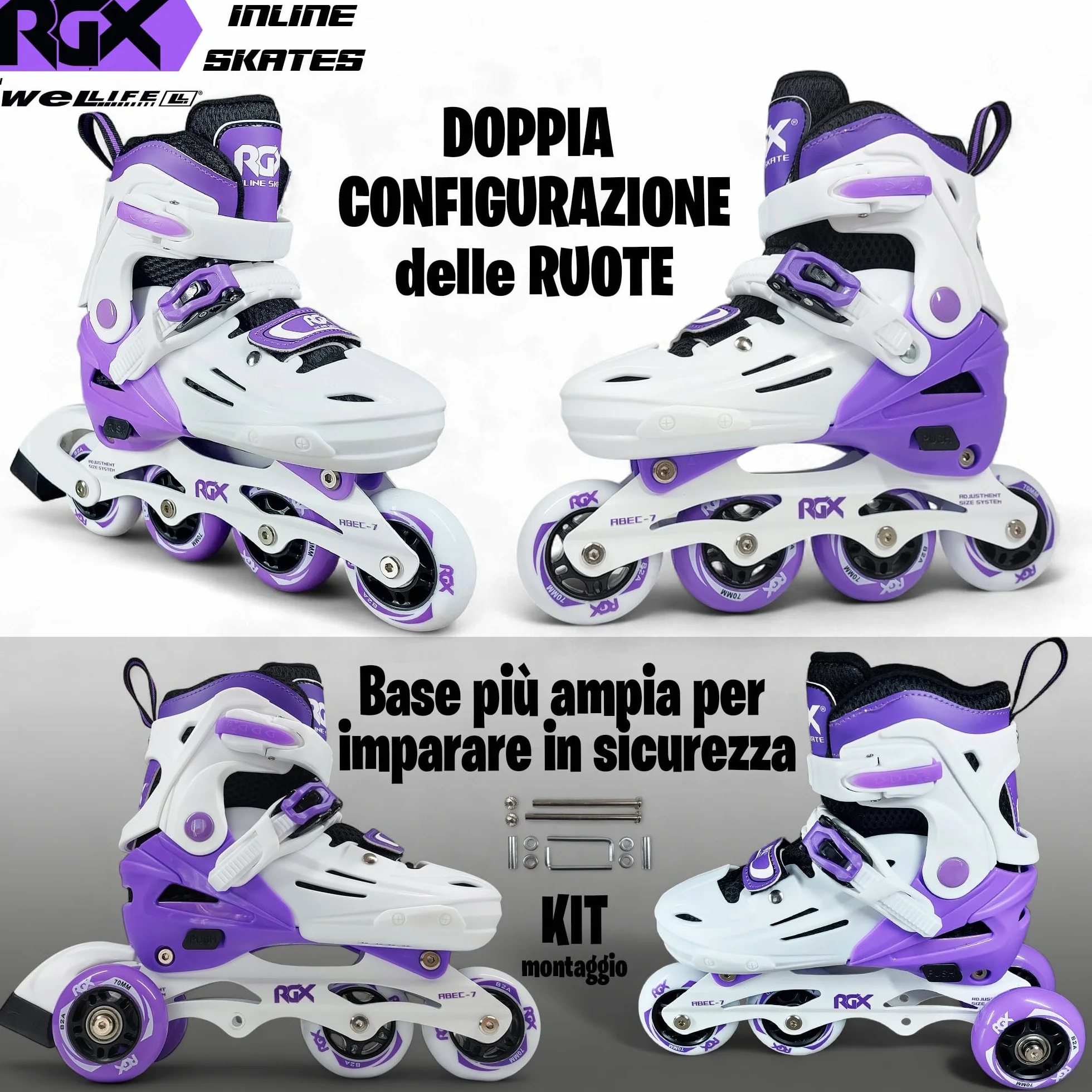 WeLLIFE RGX Line Pattini in Linea Bambina e Bambino Regolabili 4 Misure, Doppia Configurazione Ruote, Guscio Rigido, Piastra Alluminio, Cuscinetti ABEC-7