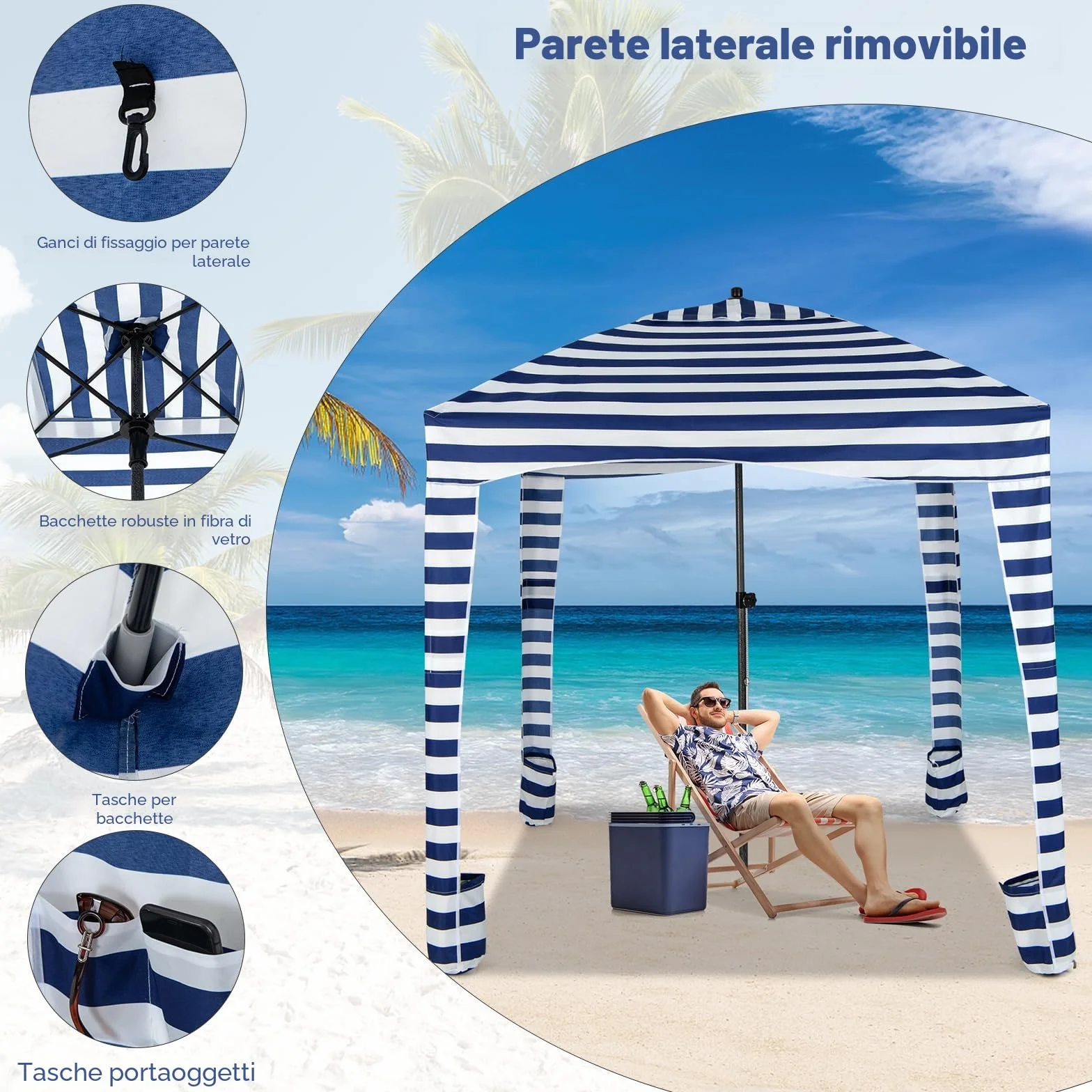 HOMASIS Tenda da Spiaggia Portatile 1,8 x 1,8 m, Parasole Spiaggia con Protezione Solare Regolabile in Altezza, Gazebo con Parete Laterale Rimovibile, Tenda con Borsa per il Trasporto (Blu)