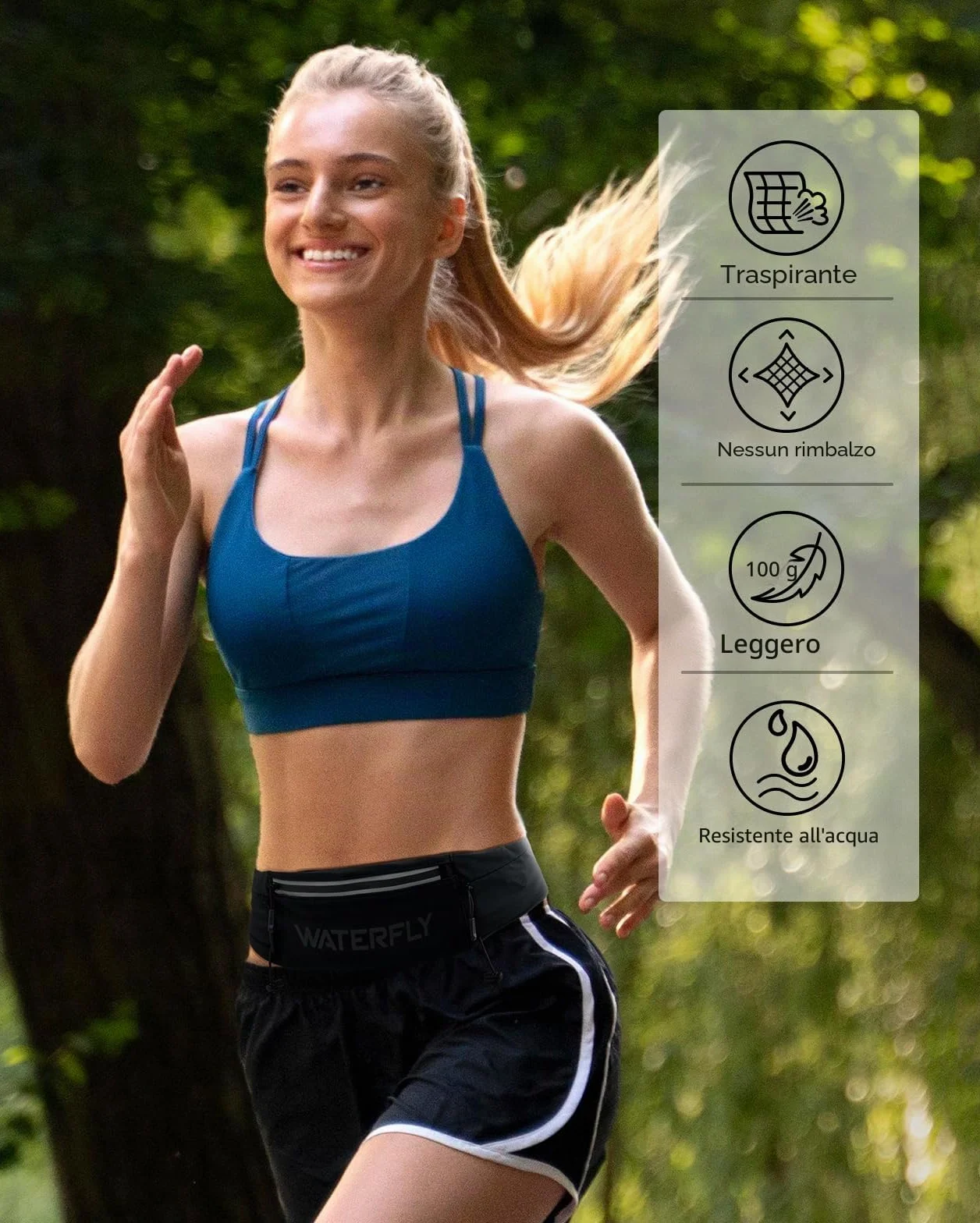 WATERFLY Marsupio Running Cintura da Corsa con Chiusura a clip per Cellulare 3 Tasche Jogging Sportivo