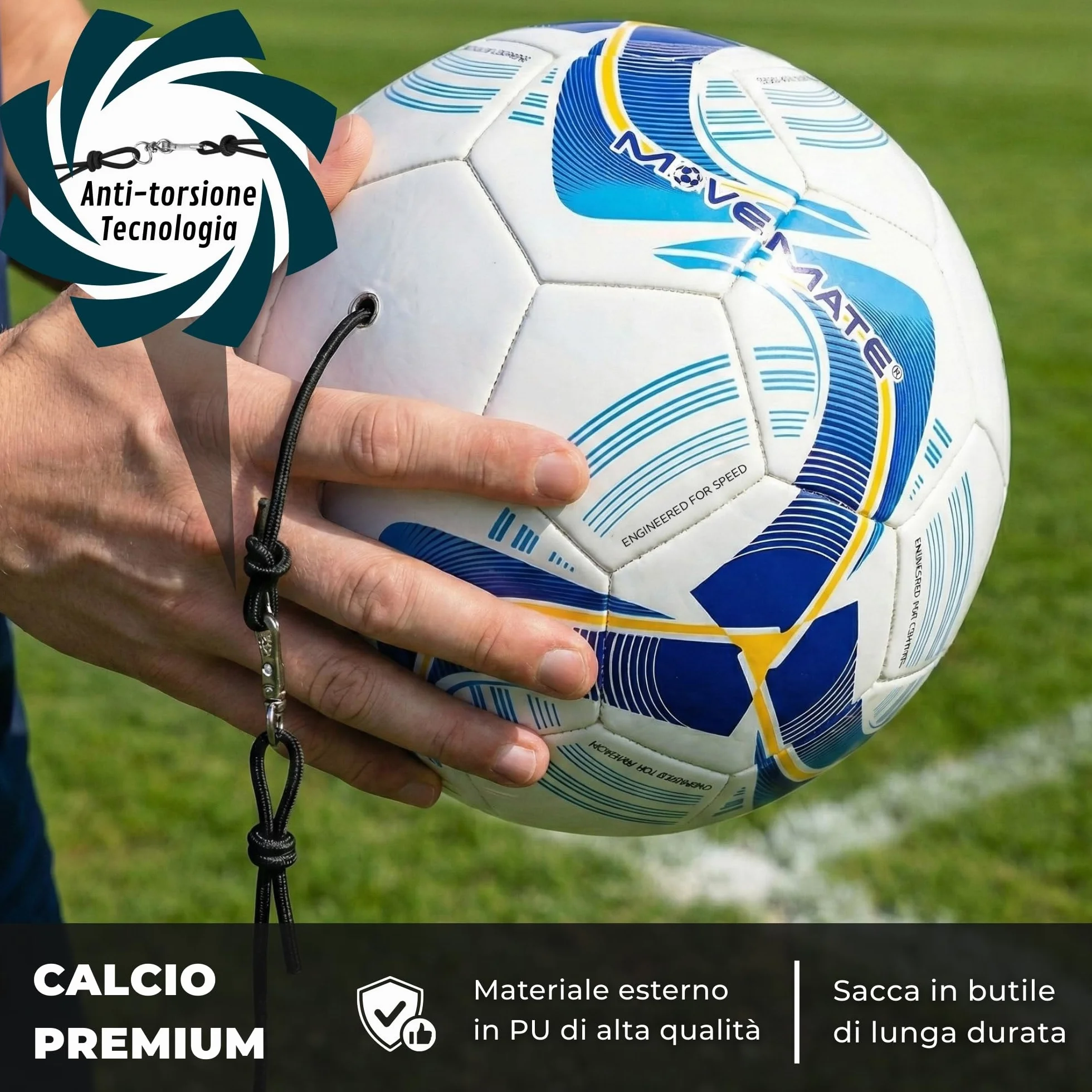 MOVEMATE Set di allenamento per calcio, con corda, ideale come regalo da calcio per ragazzi, strumento di allenamento innovativo per esterni, in giardino, sul campo da calcio