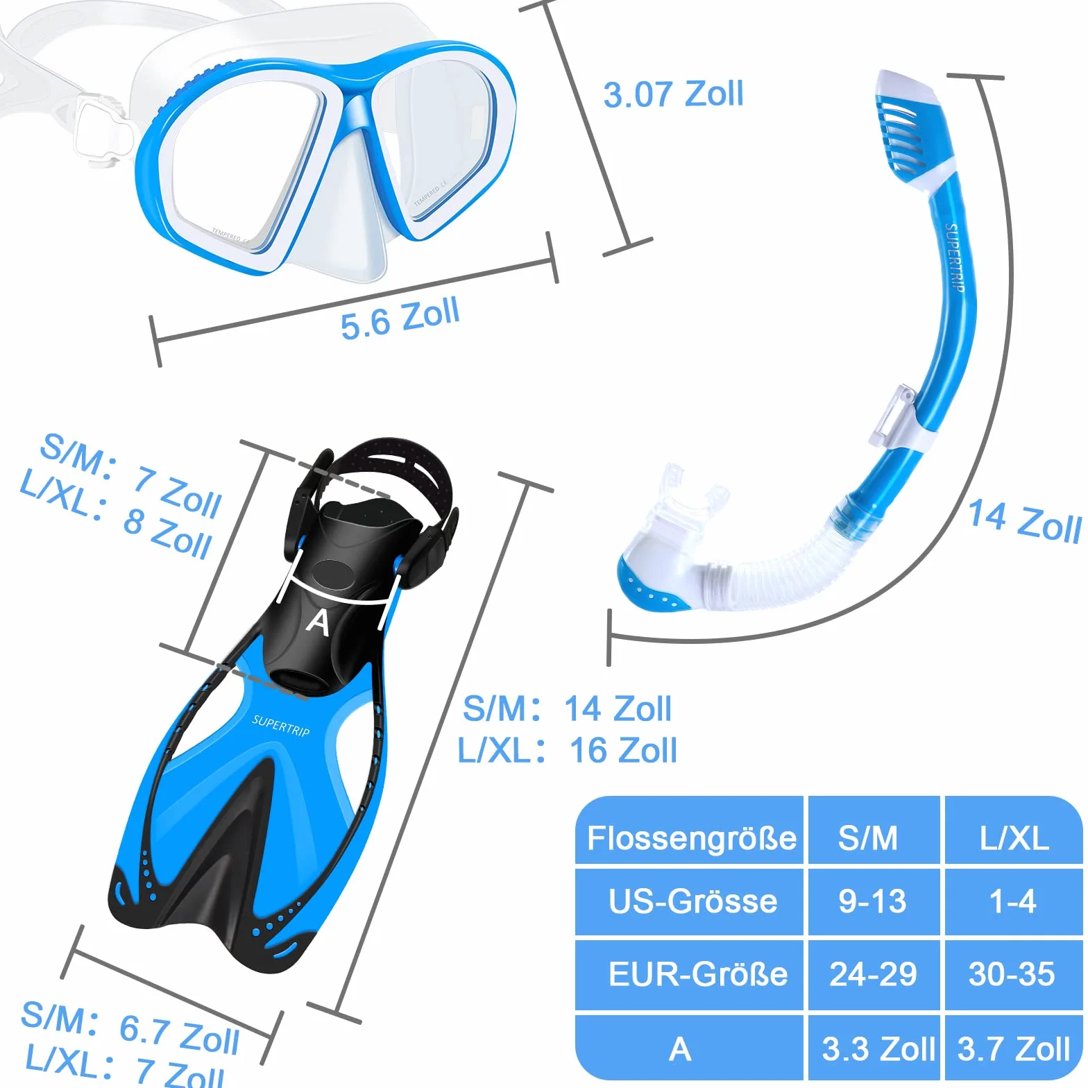 Supertrip Set da snorkeling bambini 3 pezzi pinne regolabili occhiali subacquei vetro temperato boccaglio ad asciugatura premium