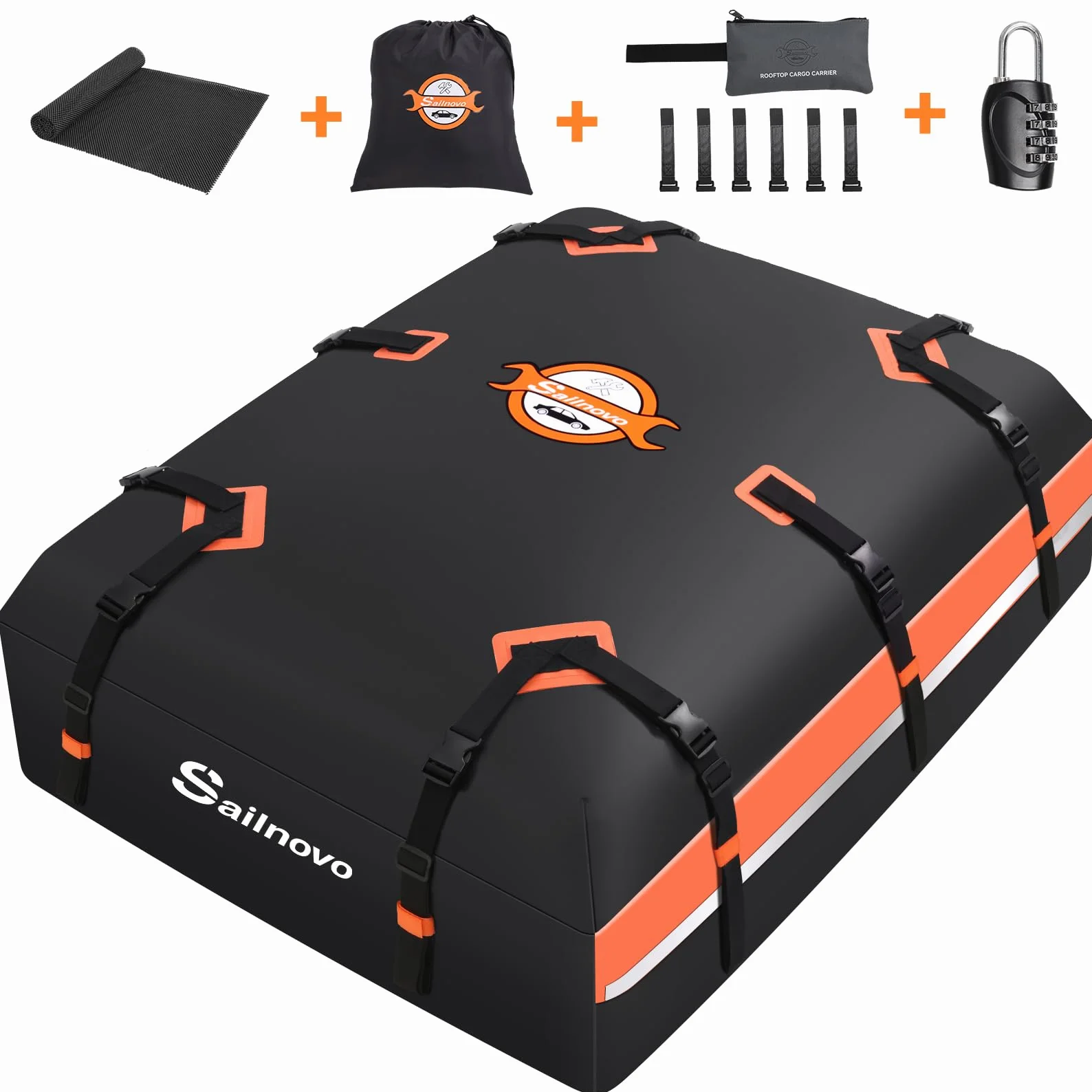 Sailnovo Box Tetto Auto Impermeabile 595L 1000D PVC, Portabagagli Auto Tetto con Tappetino Antiscivolo, 6 Ganci Portiere, Serratura Combinazione - Compatibile con/senza Barre Portatutto