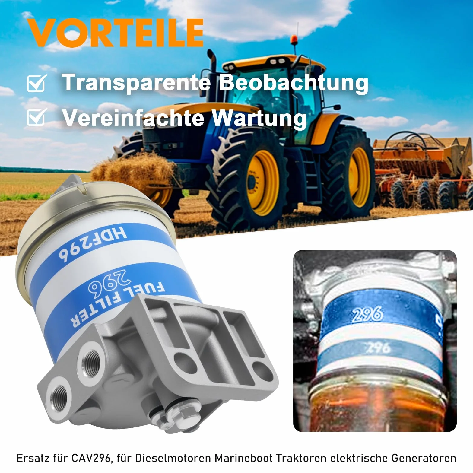 Filtro carburante diesel CAV296, separatore acqua, ricambio Massey Ferguson 133-185, barche, trattori