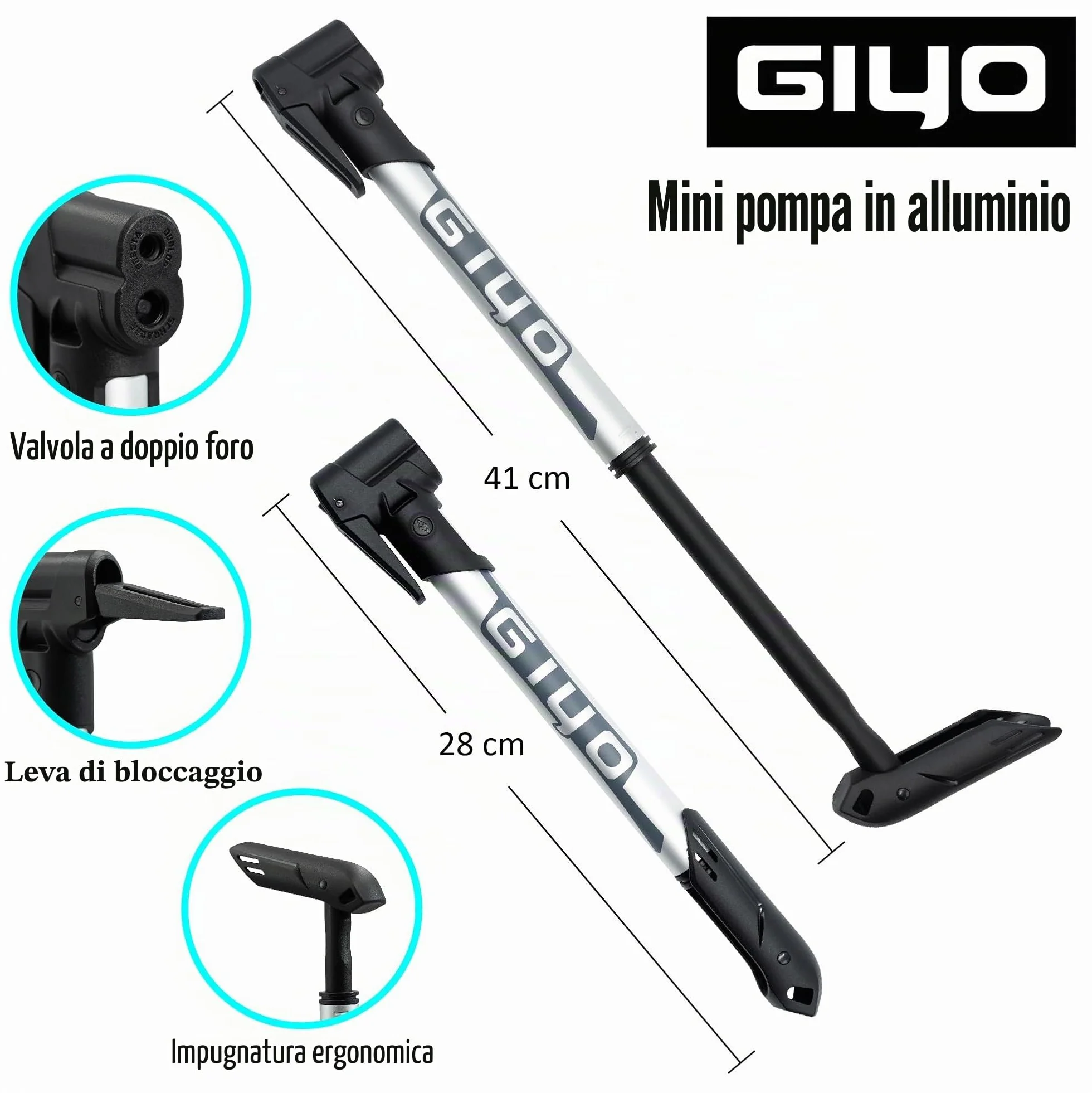 GIYO GP-44DH Mini pompa per bicicletta per pneumatici senza camera d'aria, testa doppio foro, compatibile Presta Schrader Dunlop