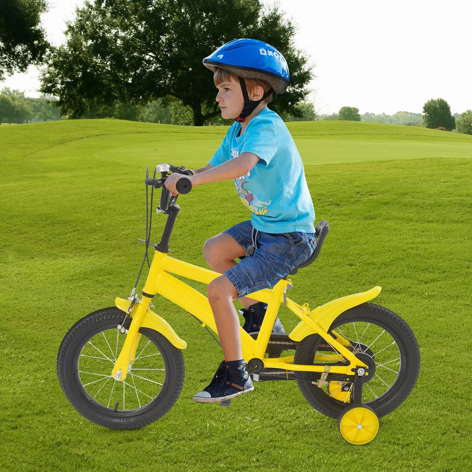 Bicicletta per bambini 14 pollici con ruote di supporto e parafanghi, freno doppio, altezza regolabile 43-49 cm