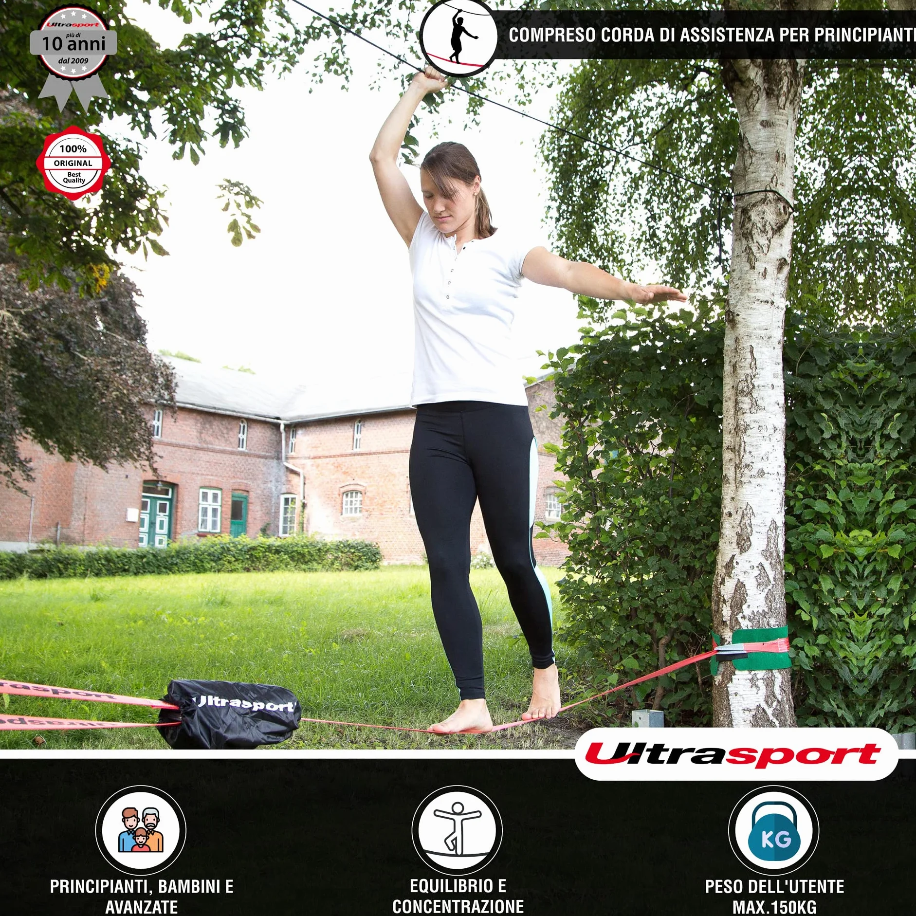Ultrasport Slackline 15m-25m Set Completo con Cricchetto e Borsa Trasporto, Certificato TÜV GS
