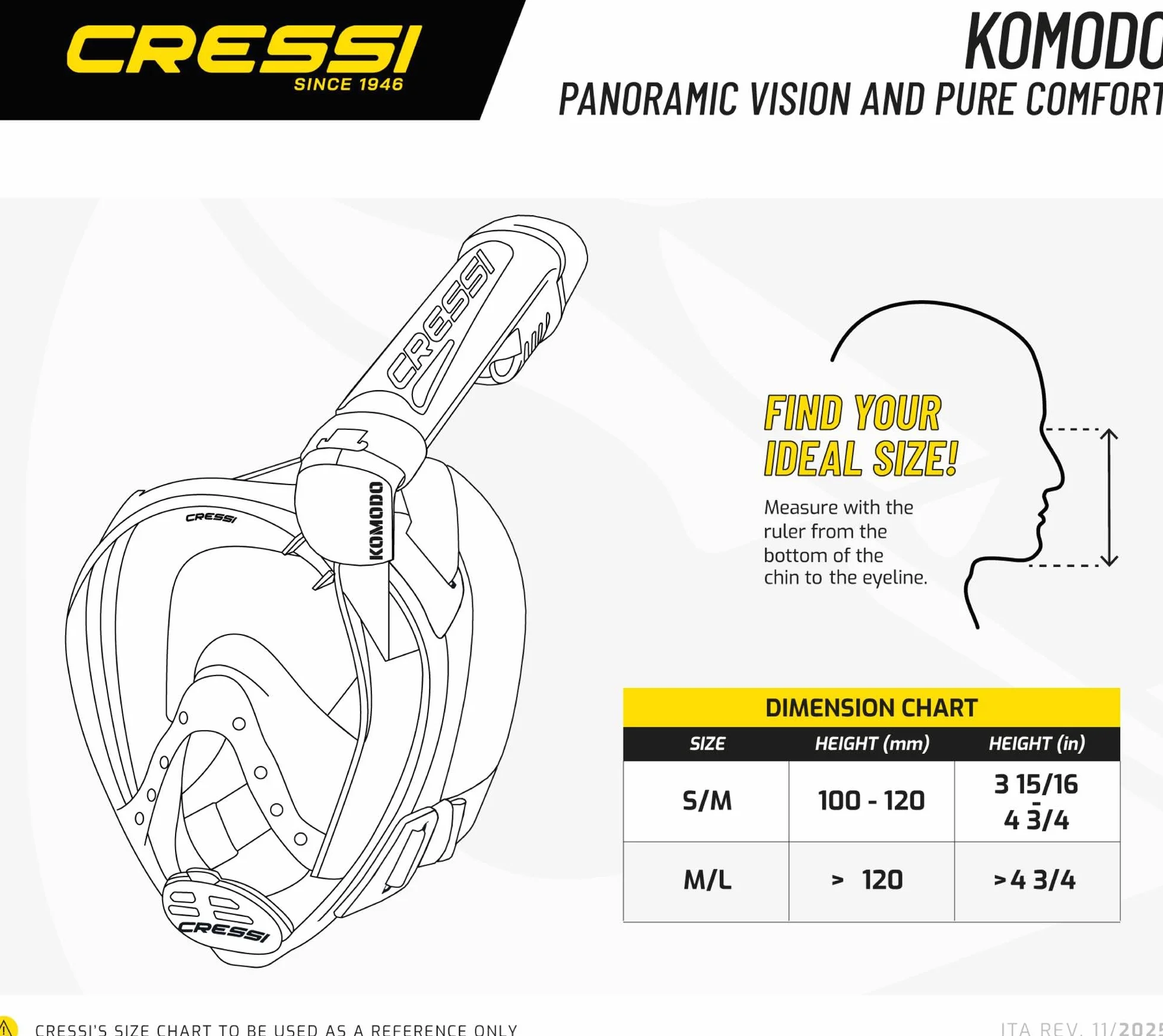 CRESSI Komodo Full Face Maschera Integrale Snorkeling Visione 180° Silicone Anti Appannamento