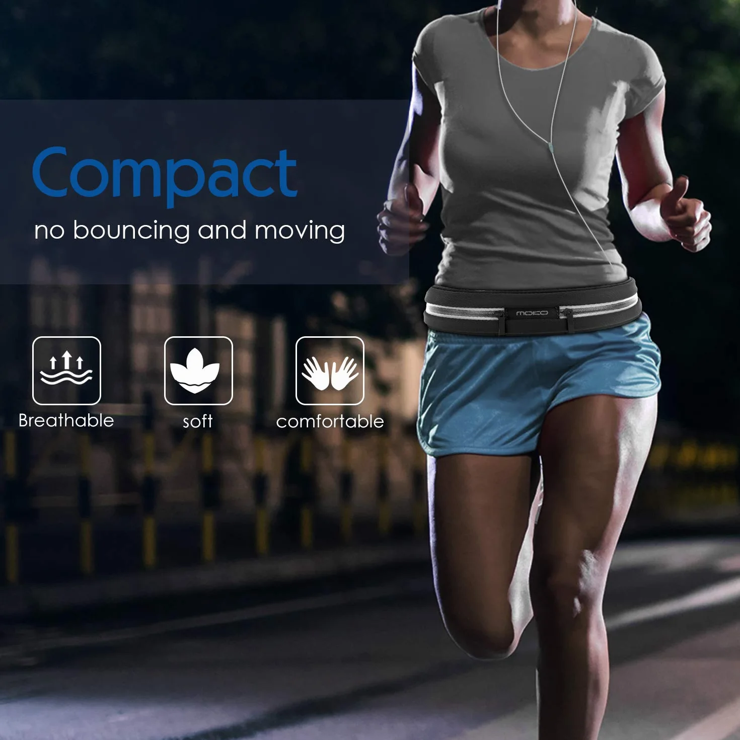 MoKo Marsupio Sportivo Running Impermeabile con Fasce Riflettenti, Cintura da Corsa Regolabile Doppia Tasca per iPhone 11/11 Pro/11 PRO Max/XS/XR, Nero