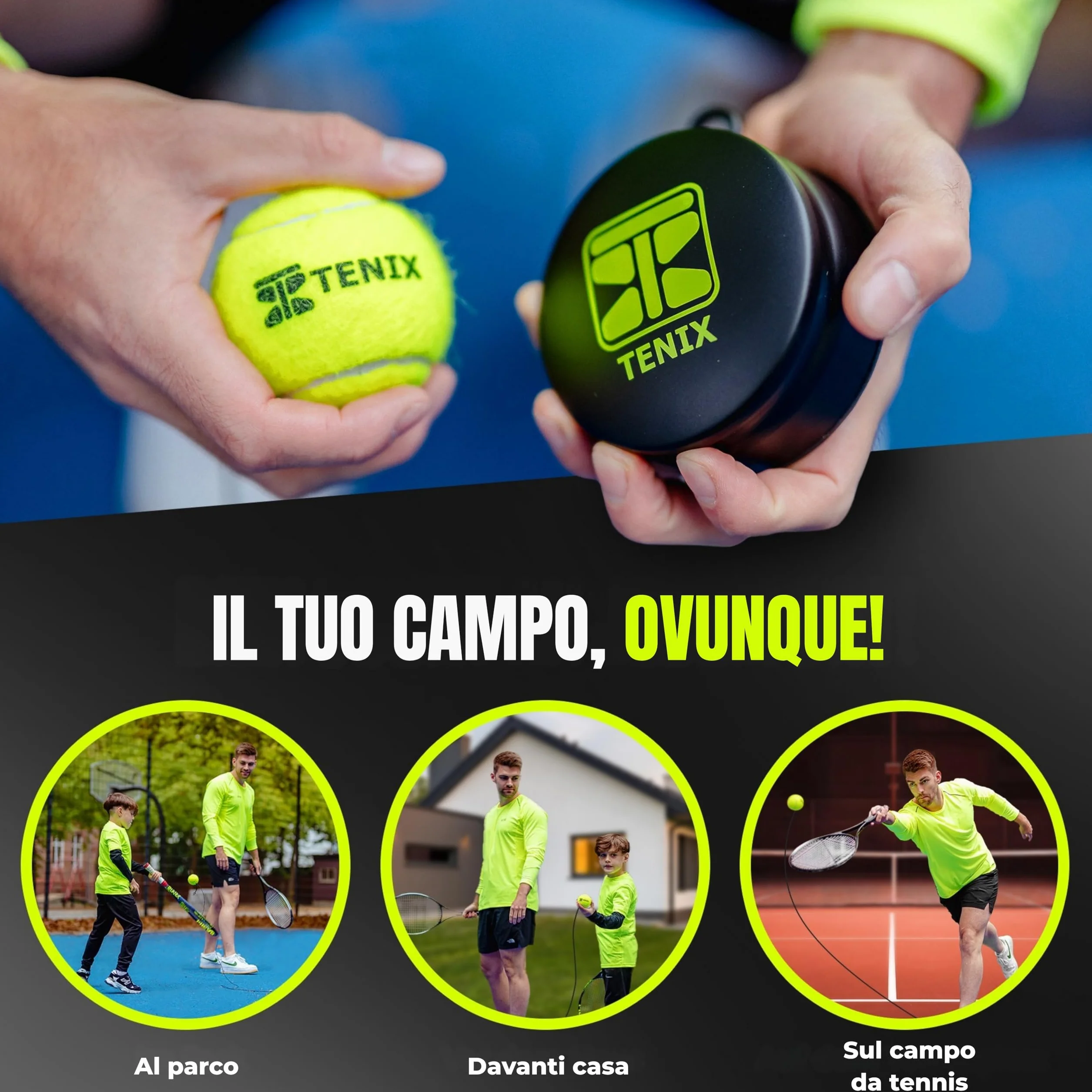TENIX Tennis Trainer Power-Grip-System Solo Allenamento Tennis Bambini Adulti Giardino Parco Campo Rimbalzo Infinito
