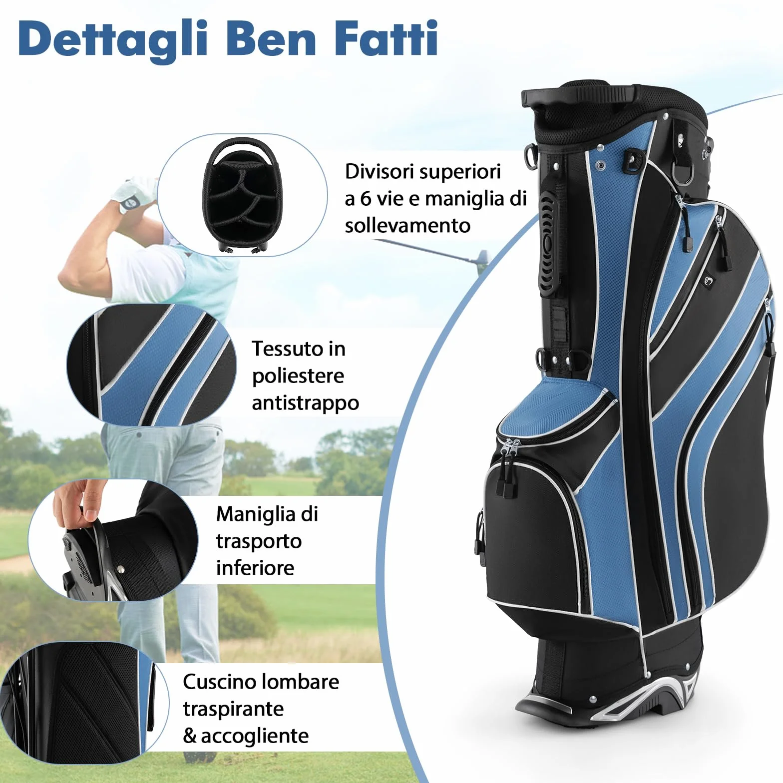 COSTWAY Borsa da Golf con Supporto, Sacca Mazze 6 Divisori, 7 Tasche Cerniera, Borsa Termica, Portaombrelli, Leggera Portatile Tracolla Blu