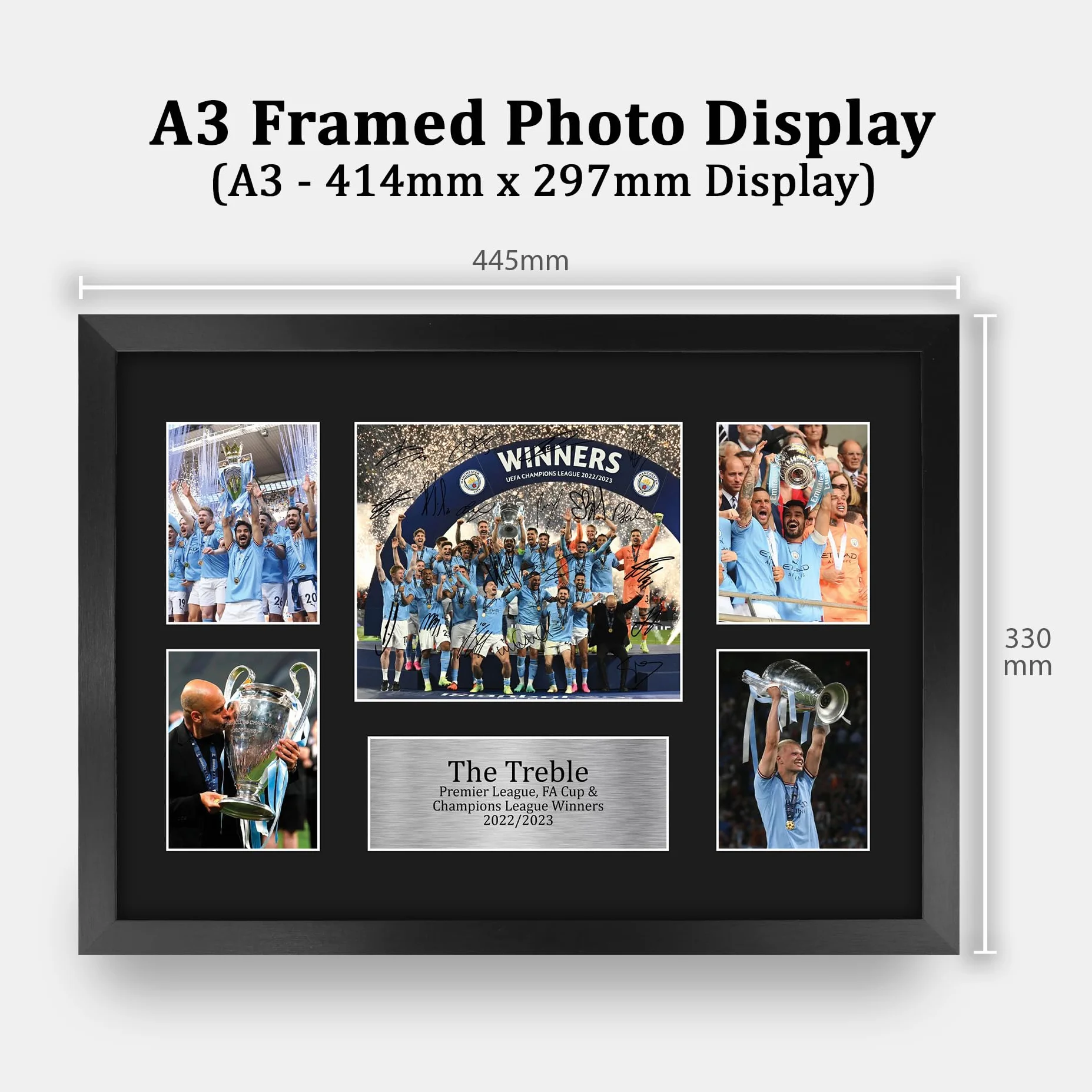 Fotografia autografata Manchester City The Treble A3 cornice FA Cup Champions League 22/23