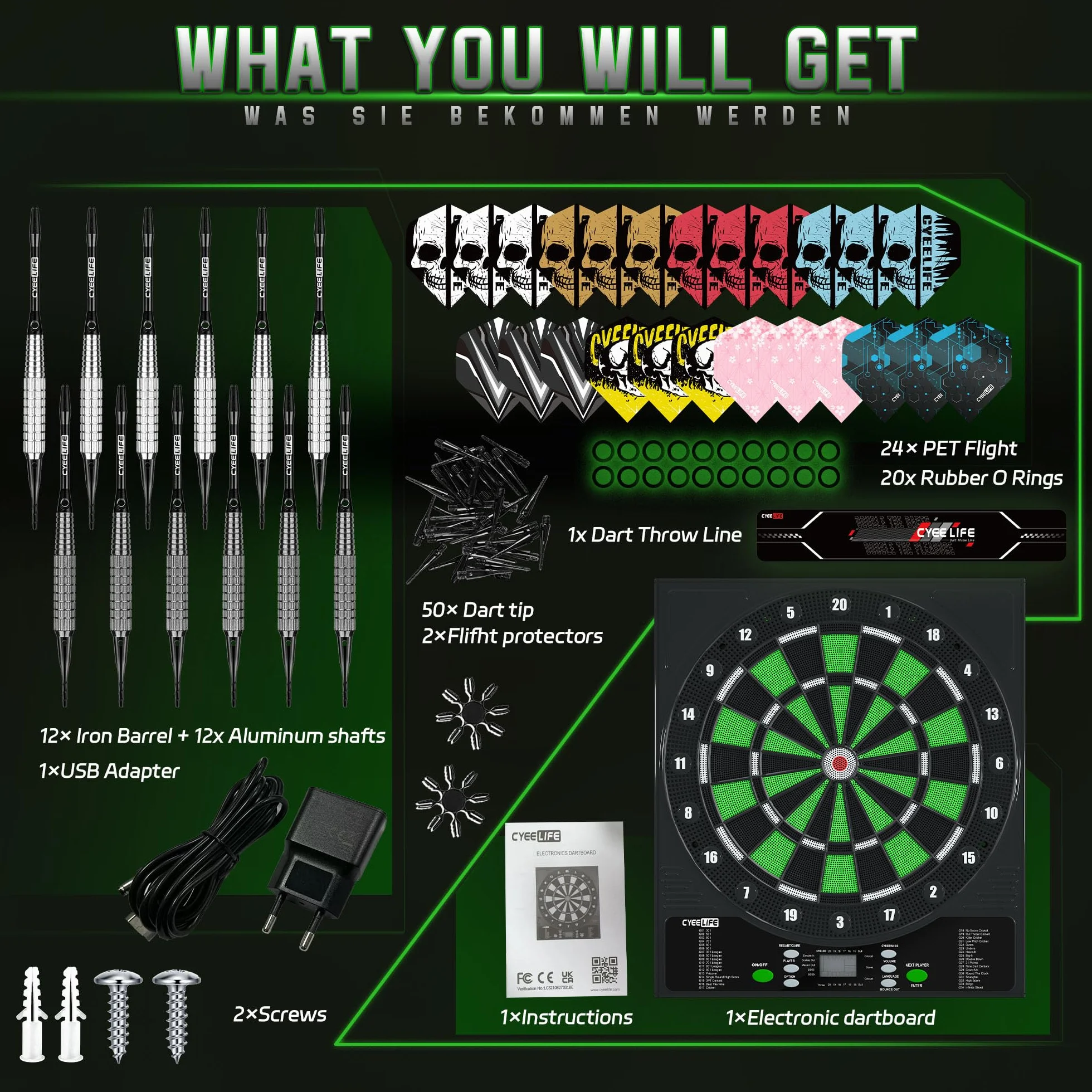 CyeeLife Tavola da Freccette Elettronica Dartboard 12 Frecce 50 Punte 24 Voli Accessori 1-8 Giocatori