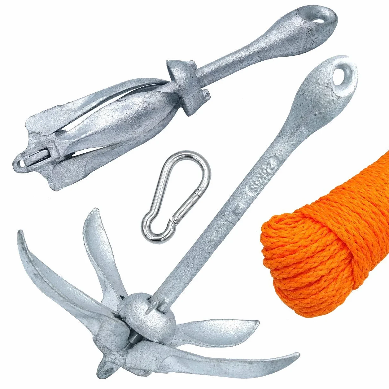 Kit Ancora a Ombrello Pieghevole in Acciaio Zincato e Cima Galleggiante 30 Metri Levilene Arancione Ormeggio e Moschettone in Acciaio Inox Aisi 316