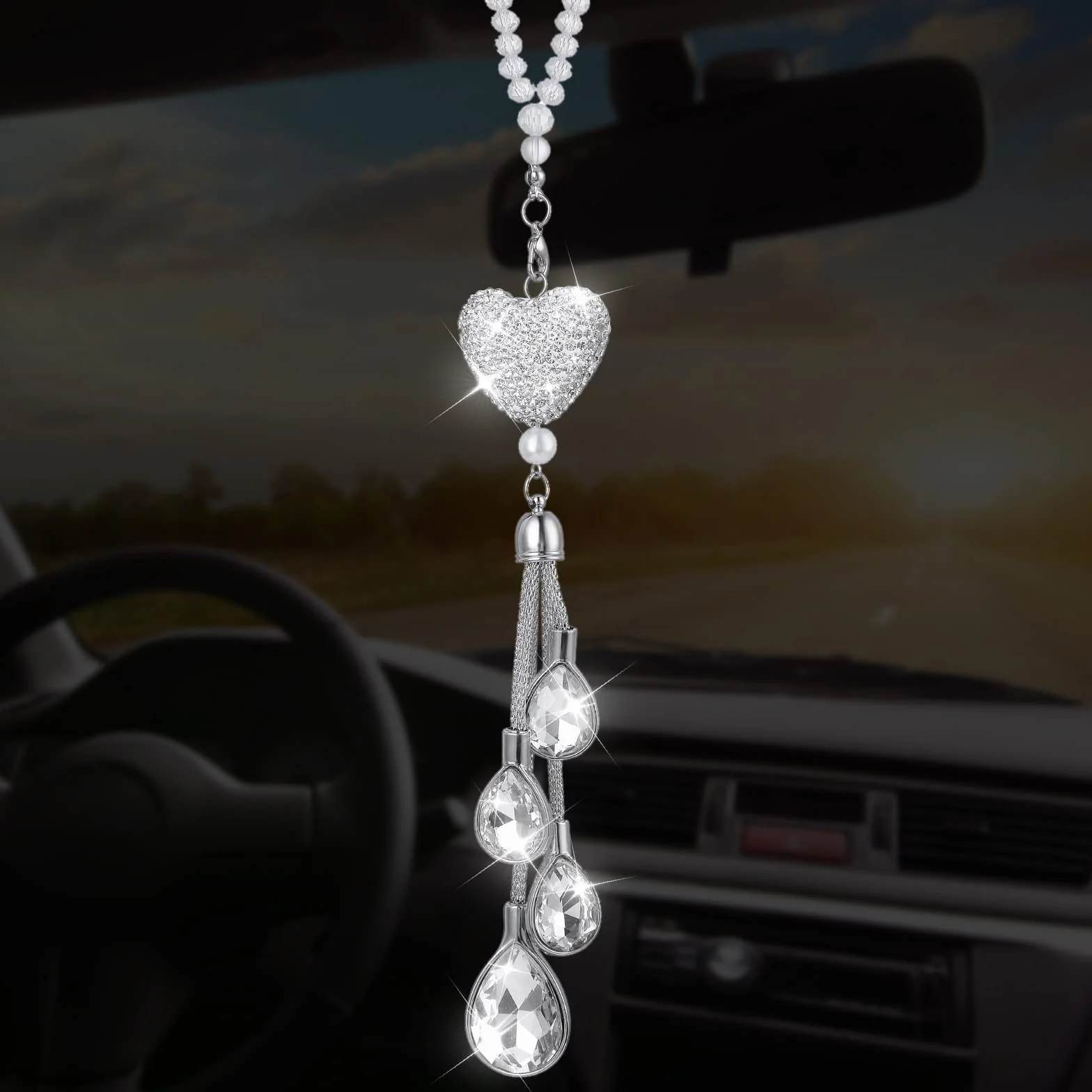 Cobee Ciondolo a forma di cuore con diamanti da appendere all'auto, con cristalli per specchietto retrovisore, decorazione da appendere all'interno, accessorio decorativo portafortuna per donne