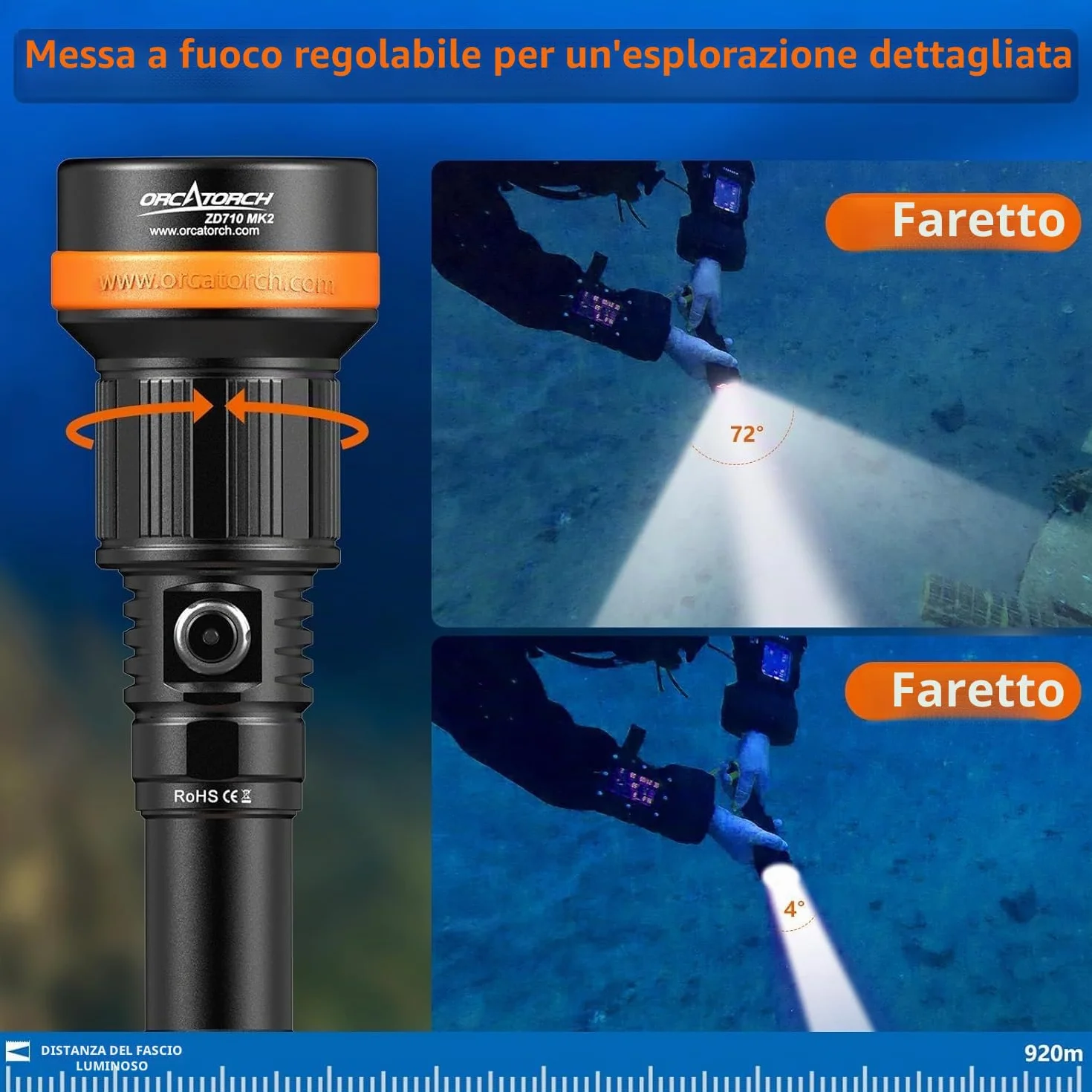 ORCATORCH ZD710MK2 Torcia Subacquea 1500 Lumen LED 4°-72° Zoom IP68 Impermeabile 150M