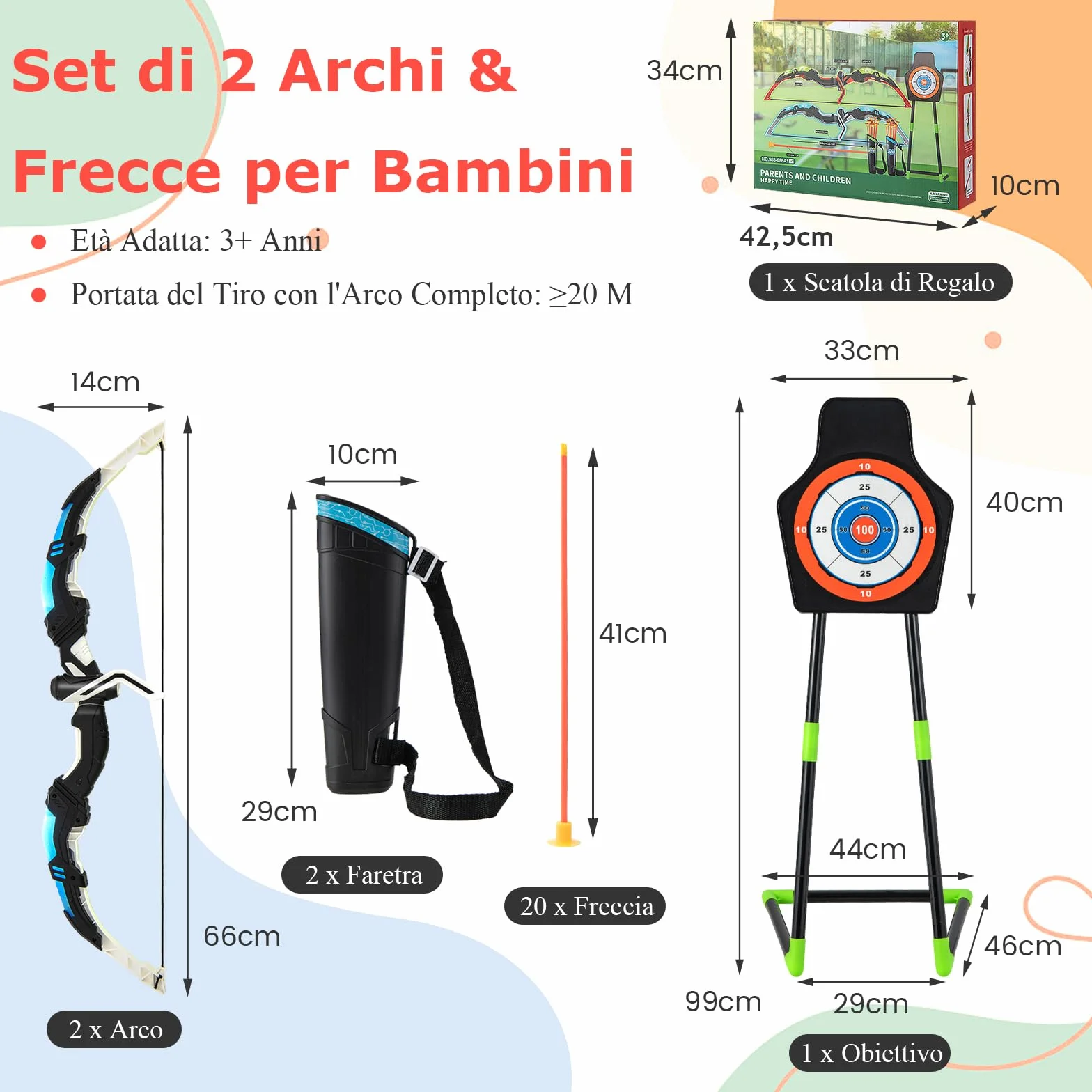 GYMAX Set di 2 Archi e Frecce a LED per Bambini con 20 Frecce a Ventosa, 2 Faretre e Bersaglio