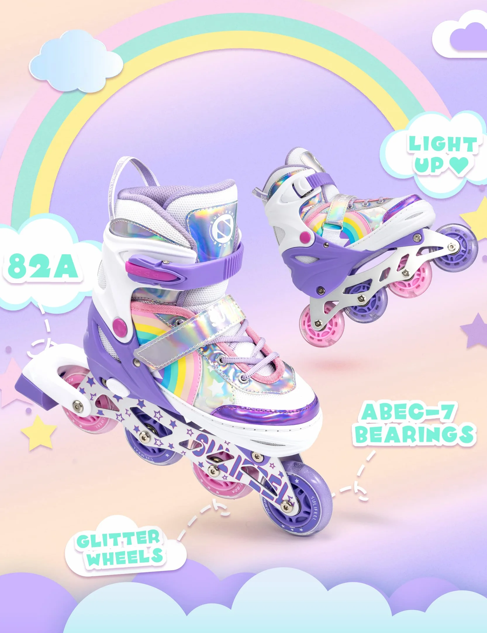 SULIFEEL Pattini in linea luminosi regolabili con unicorno arcobaleno per bambini, ragazze e ragazzi, pattini per principianti con ruote illuminate