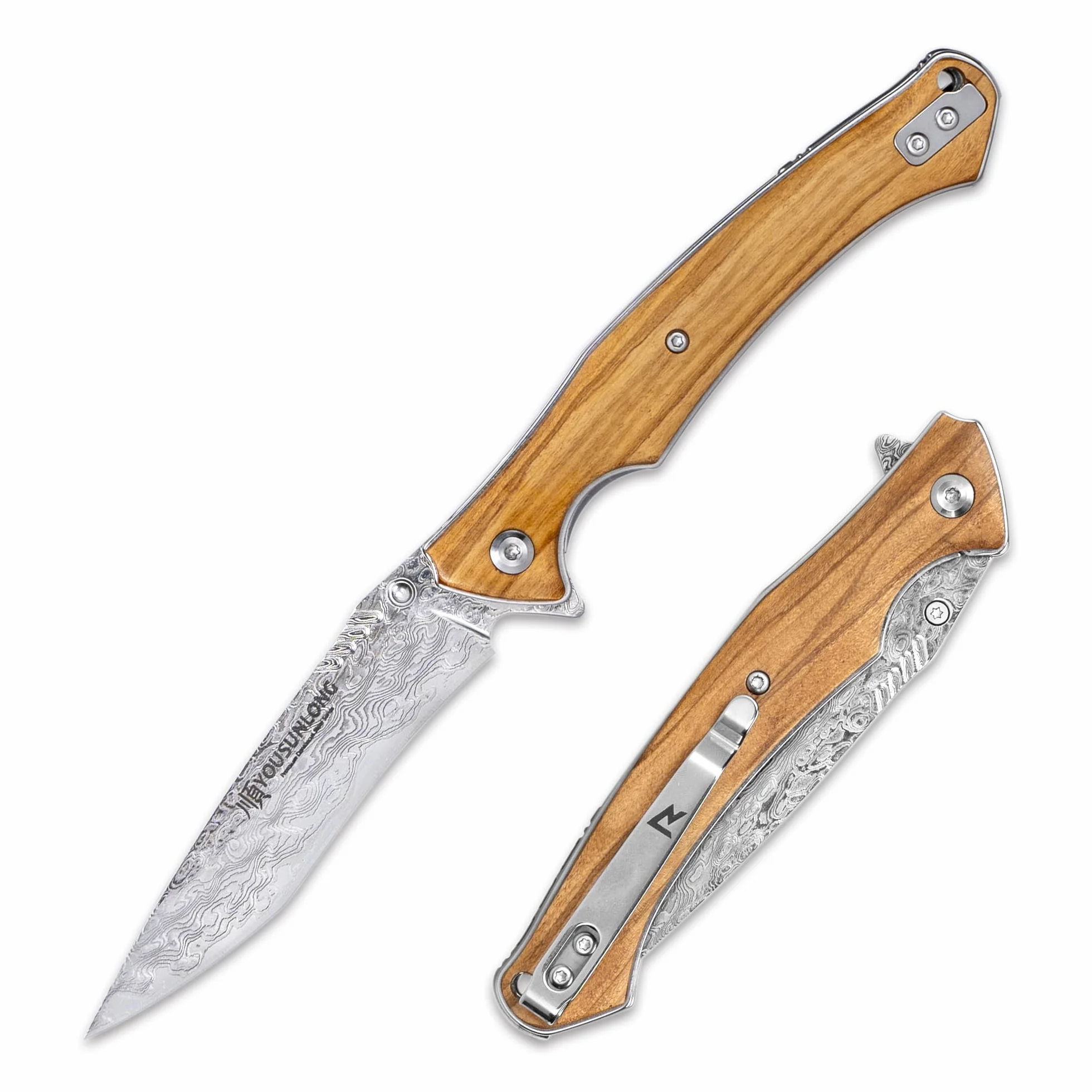 YOUSUNLONG Coltello pieghevole da campeggio - Lama in acciaio Damasco martellato - Rivestimento in legno d'ulivo italiano