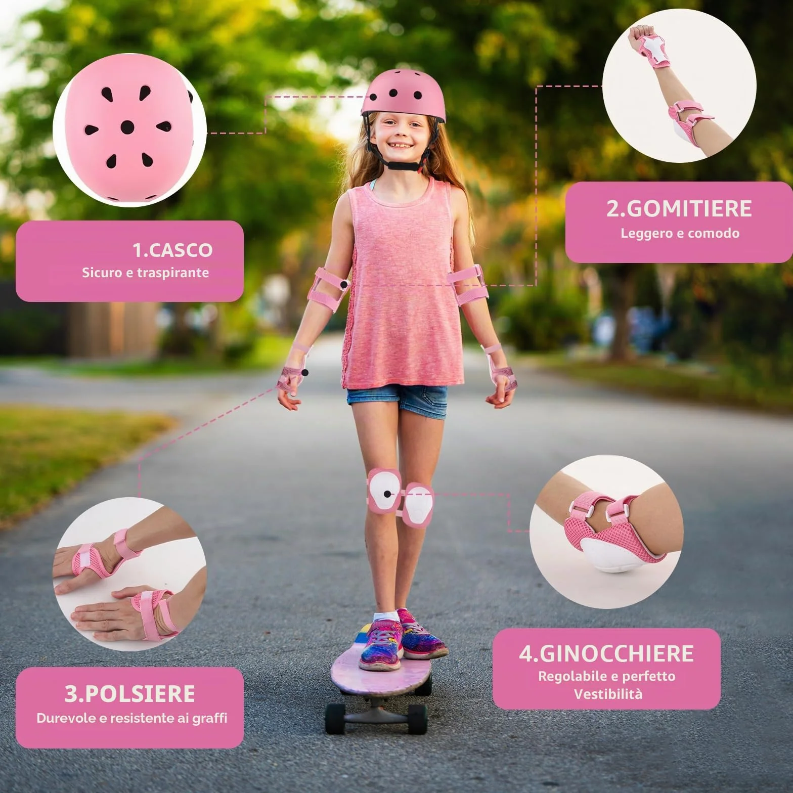 ZWOOS Ginocchiere per bambini con casco, set protezioni 3-10 anni
