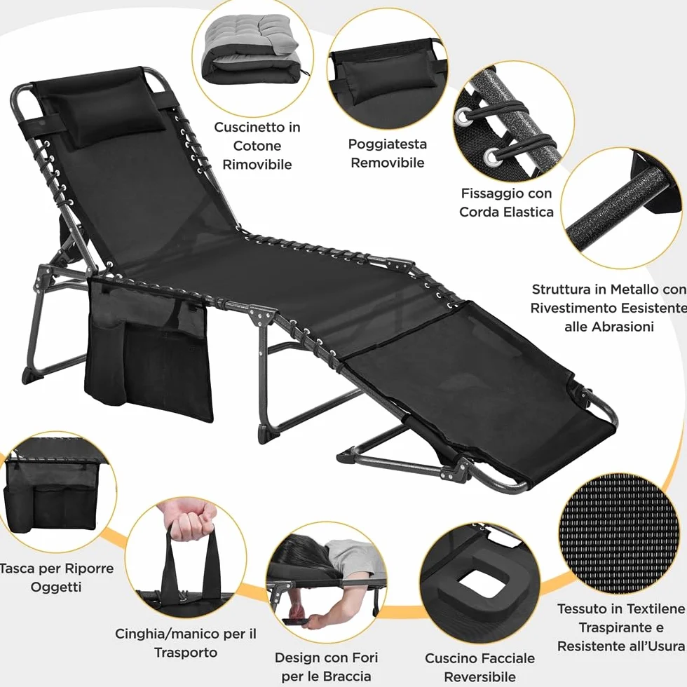 Yaheetech Lettino da Spiaggia Pieghevole Materasso Spesso 5 Regolazioni Tasca Laterale Portata 136 kg 189 x 67 x 35 cm Nero