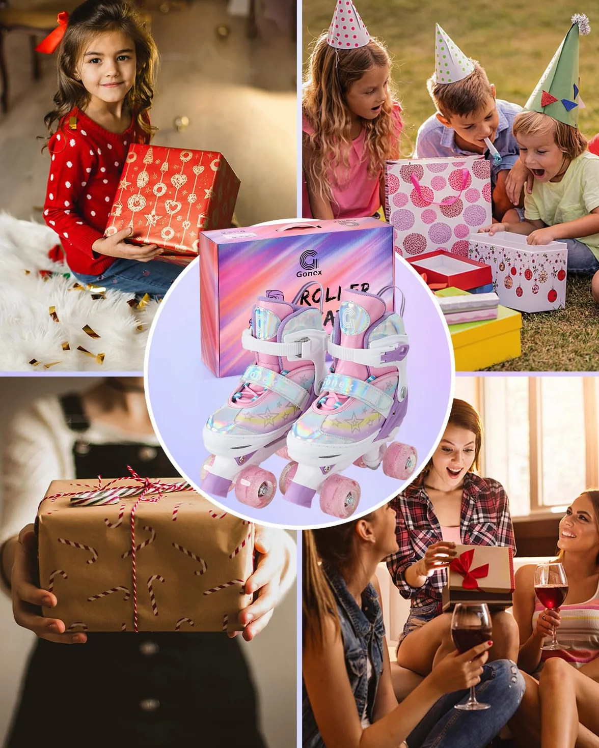 Gonex Pattini a Rotelle per Bambina Bambini Ragazzi Ragazze Principianti, Pattini Regolabili con 4 Ruote Illumina LED