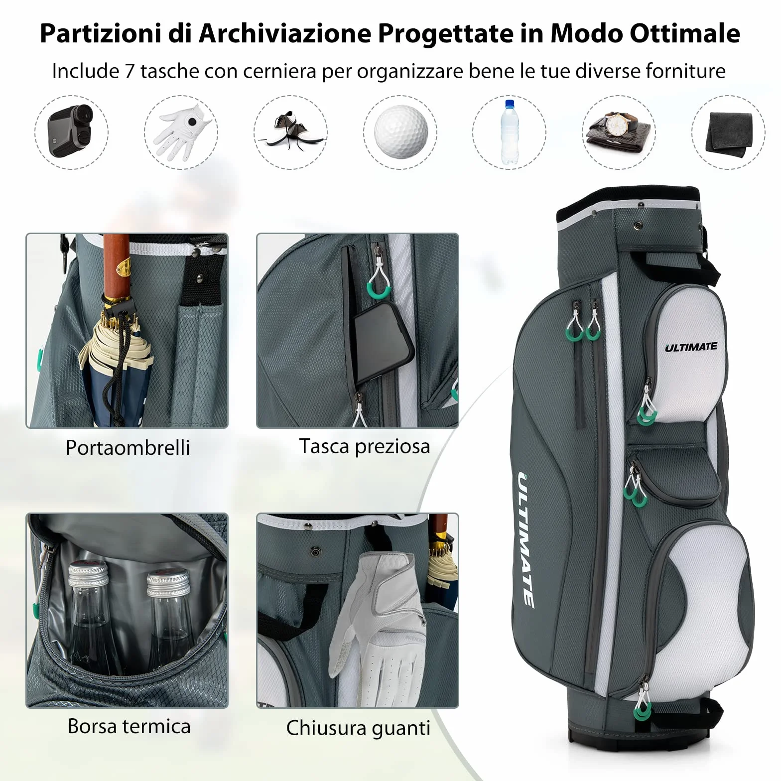 COSTWAY Borsa da Golf 14 Divisori Leggera Tracolla 7 Tasche Cerniera Termica Impermeabile
