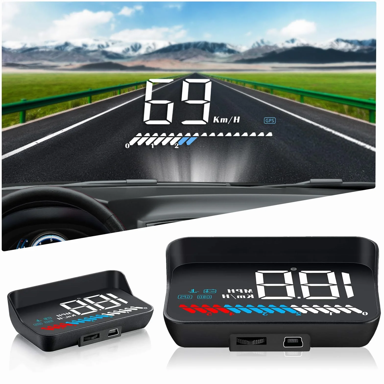 Auto HUD Display OBD2 & HUD Display GPS Dual System, Tachimetro Auto Misuratore di temperatura dell'acqua Misuratore di velocità del motore Allarme di sicurezza applicabile a tutti i veicoli