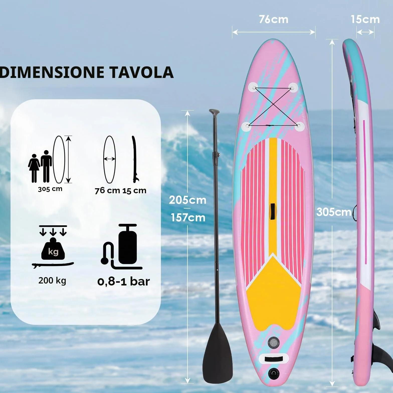 Tavola Sup Gonfiabile Adulti, 305 x 76 x 15 cm - Stand Up Paddle Board Gonfiabile con Grande Stabilità per Tutti I livelli Di Abilità, Per Yoga Touring Pesca, 200 kg