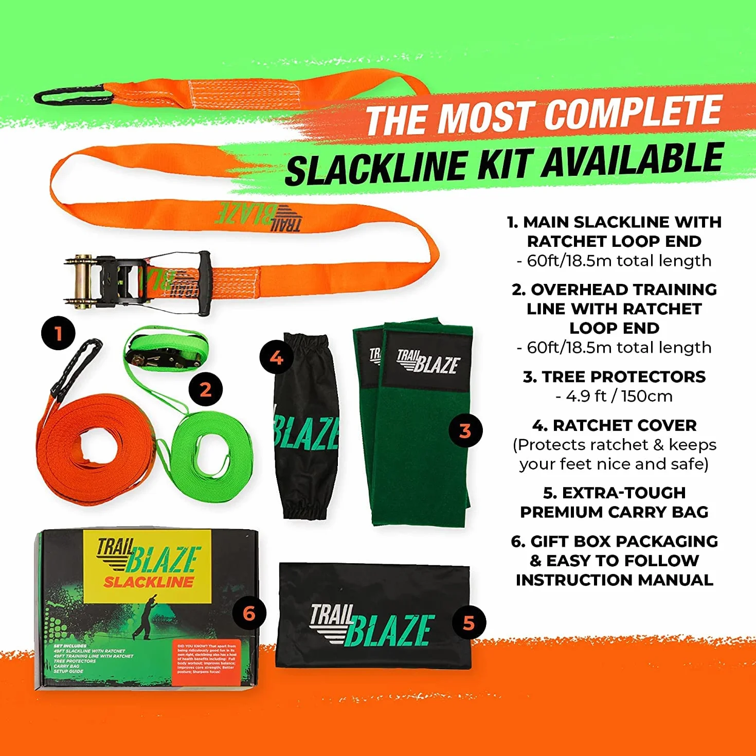 Slackline Kit completo per principianti Cinghia di apprendimento protezioni per albero borsa per il trasporto tecnologia cricchetto impugnatura ergonomica