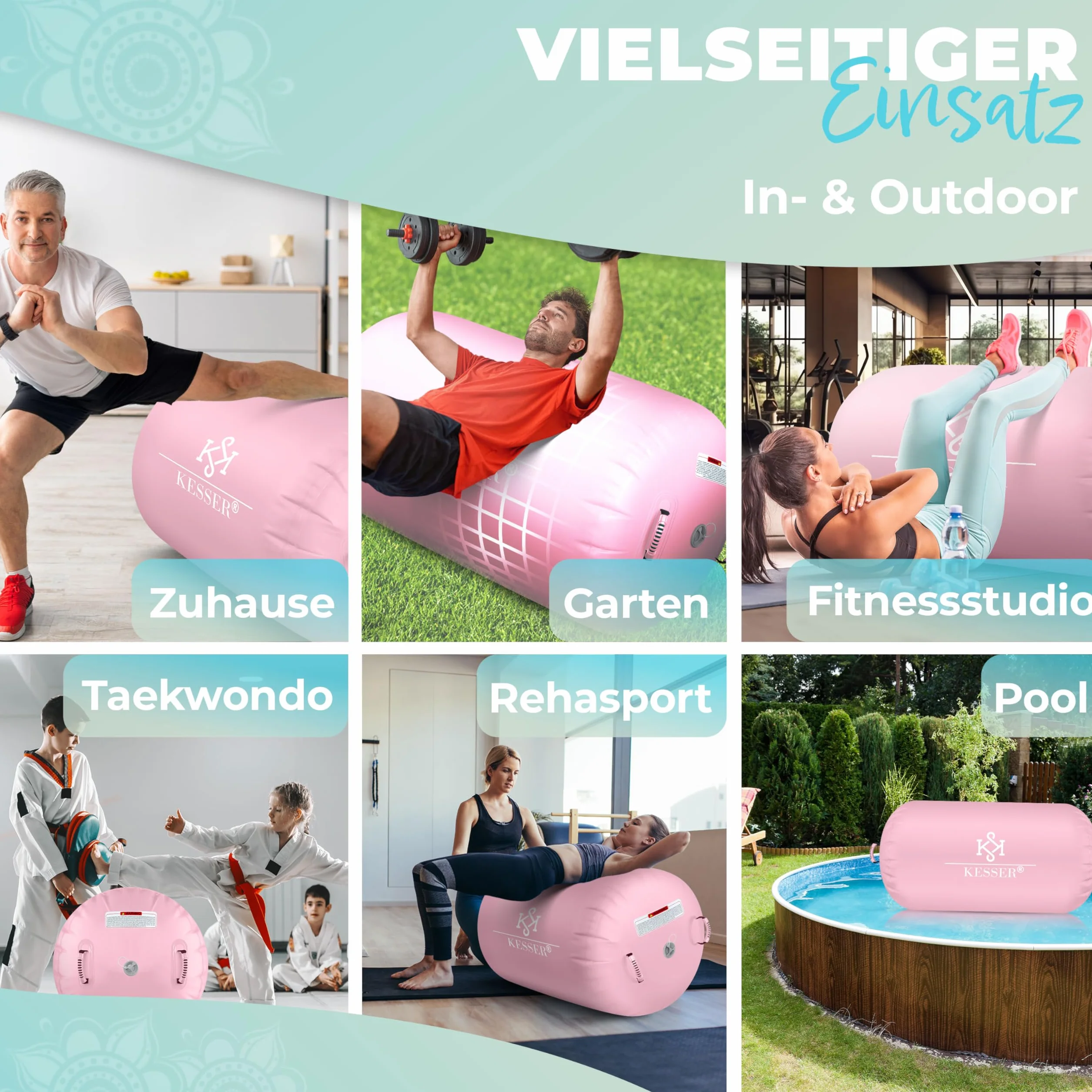 KESSER® Air Roll Airtrack, rullo gonfiabile, per ginnastica, con borsa per il trasporto e pompa ad aria, a barile, per la ginnastica, per lo yoga, per il fitness,