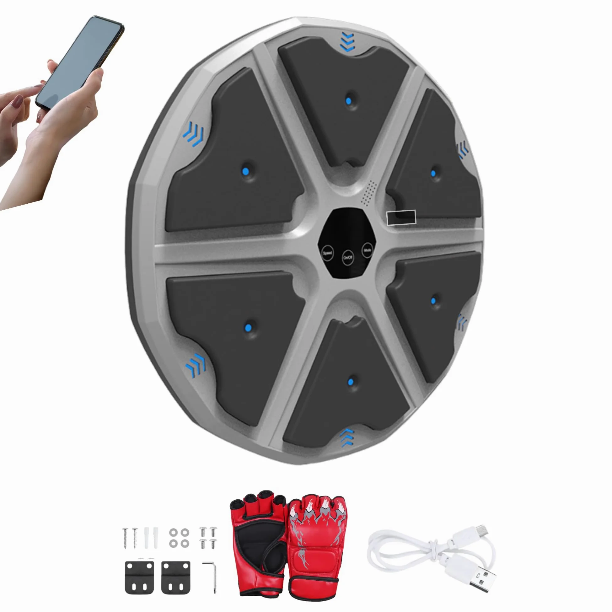 Macchina da Boxe Musicale. Attrezzatura da Parete con LED, Guantoni da Boxe, Bluetooth e Luci a Ritmo di Musica. per Bambini/Adulti. (9 modalità, 43x43 cm)